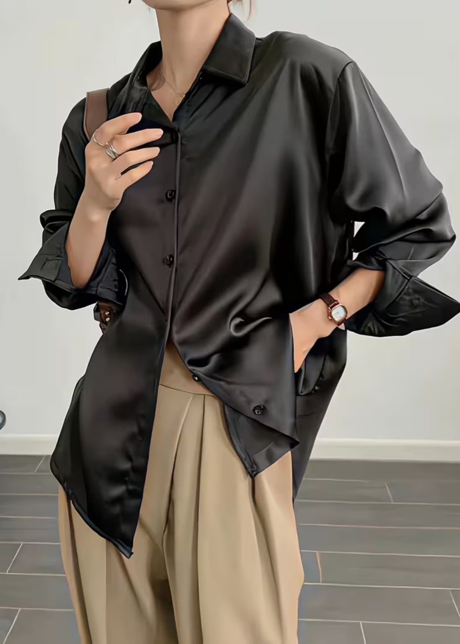 satin polyester Formal Shirt in Black