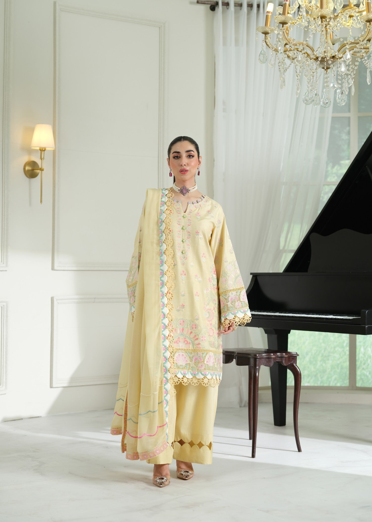 cambric cotton Kurta Set in Light yellow