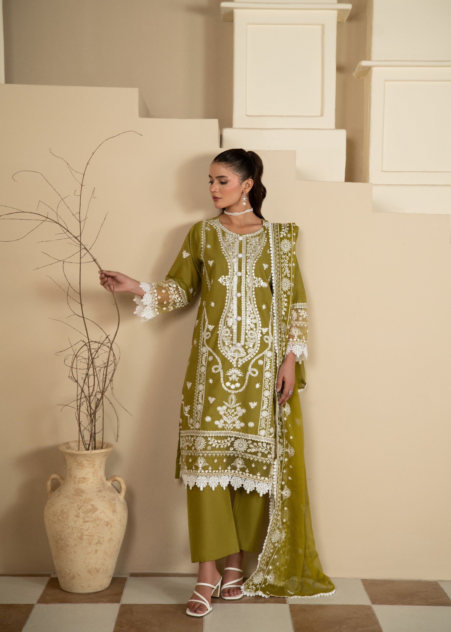 cotton Kurta Set in Olive green