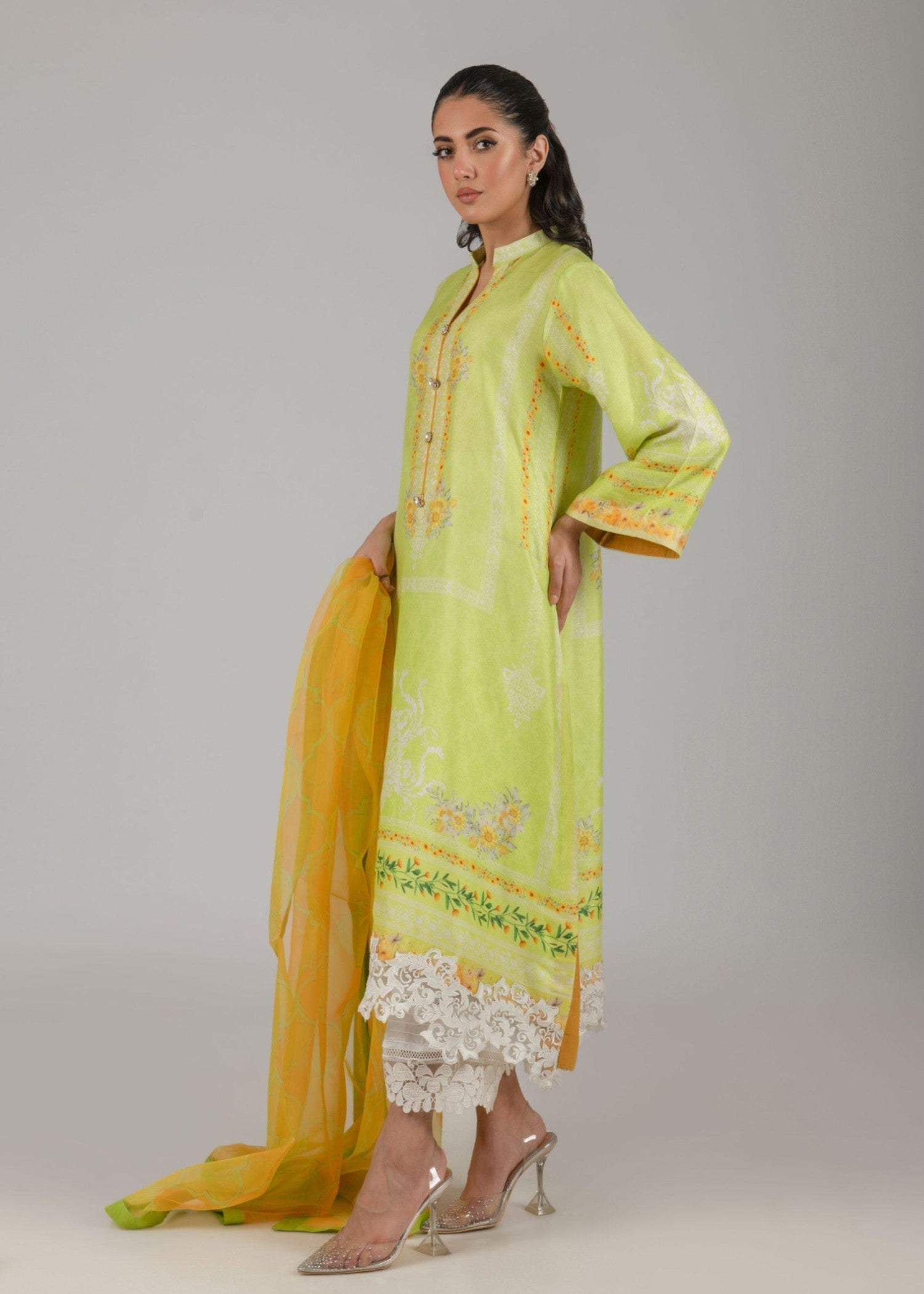 poly lawn Unstitched in Yellow green
