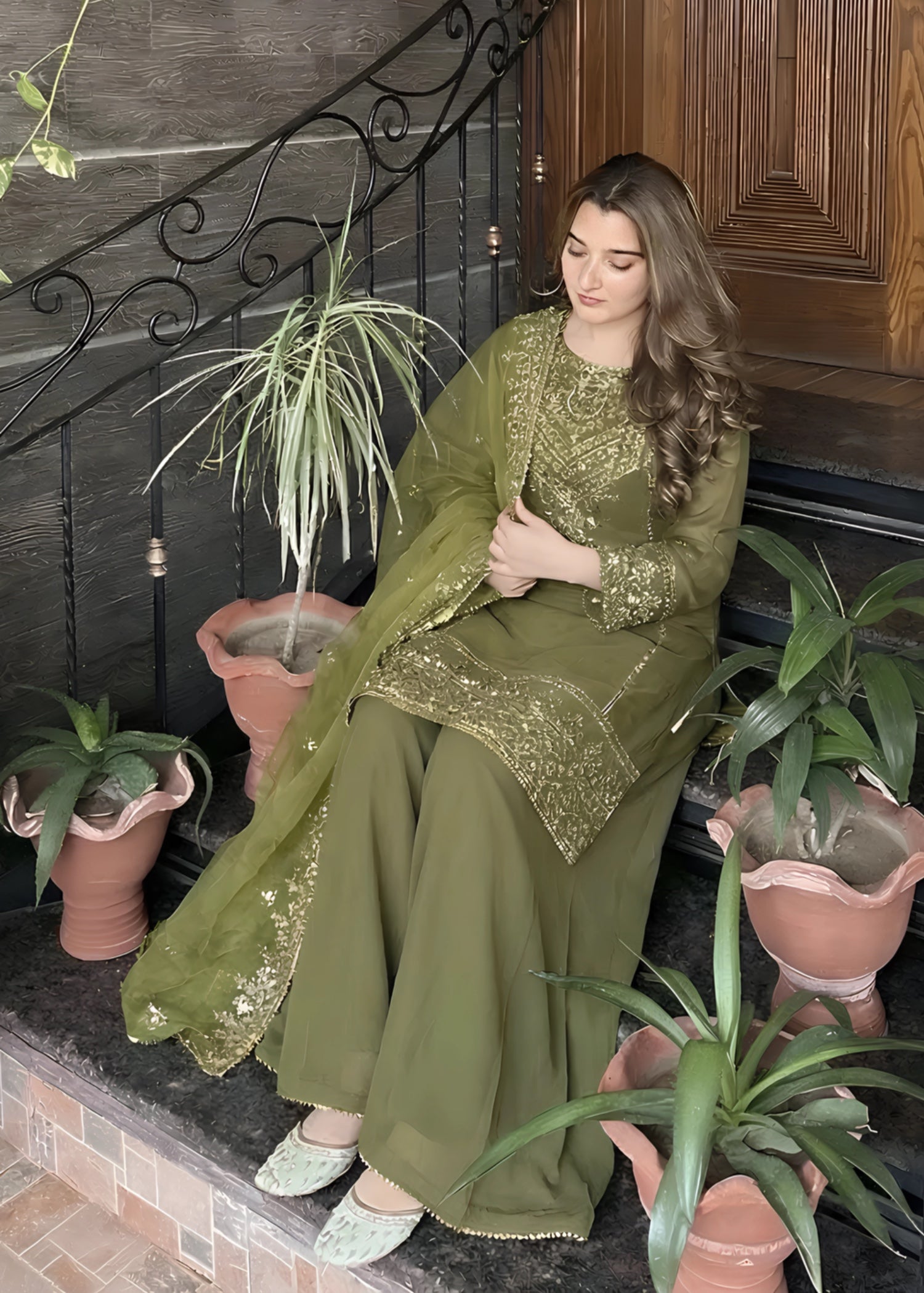 chiffon Sharara in Olive green