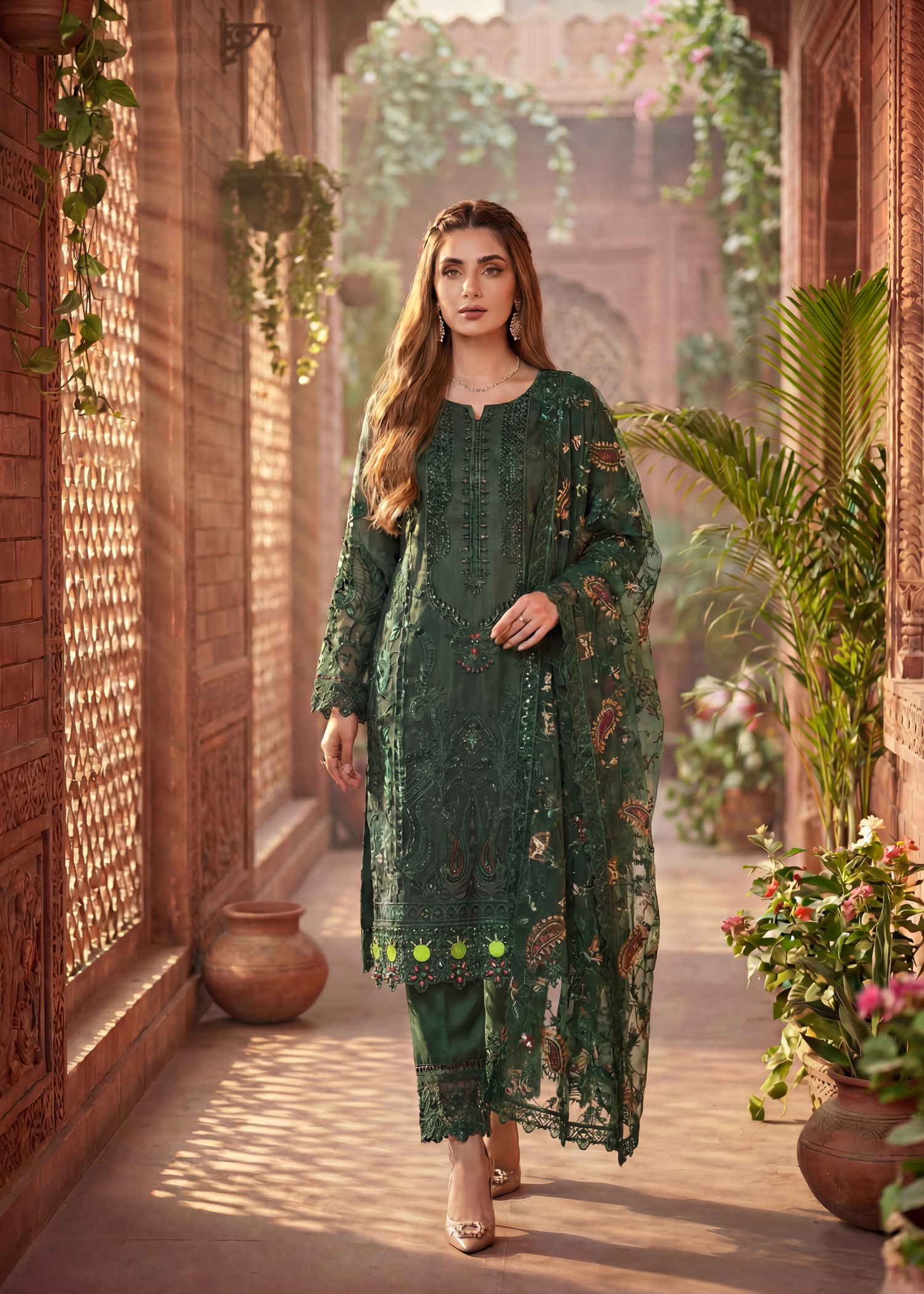 net Kurta Set in Bottle green