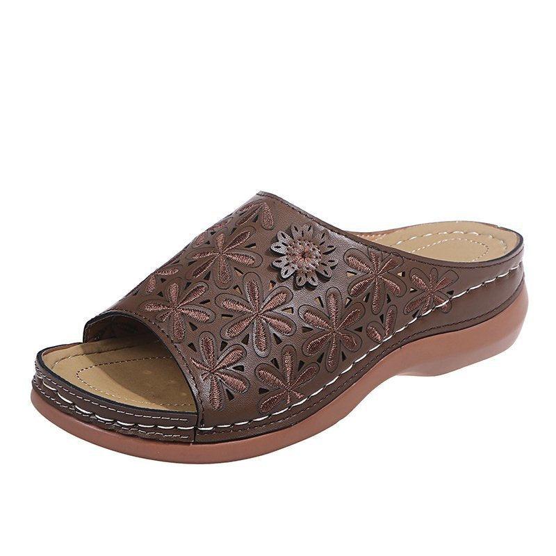 The New Hollow Floral Carved Edging Car Stitching Slope Heel Comfortable Retro Slippers Women