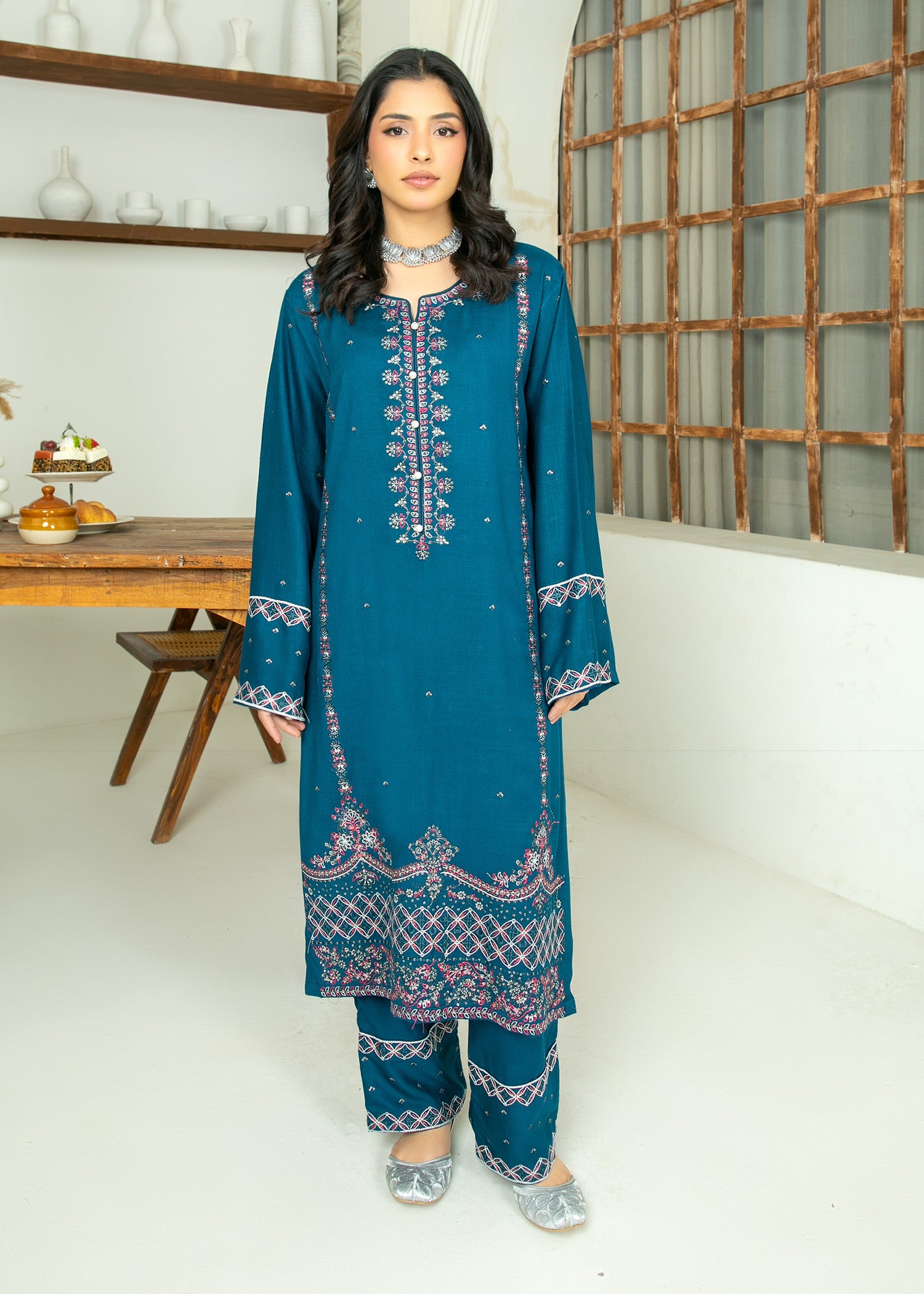 peach wool Kurta Set in Teal