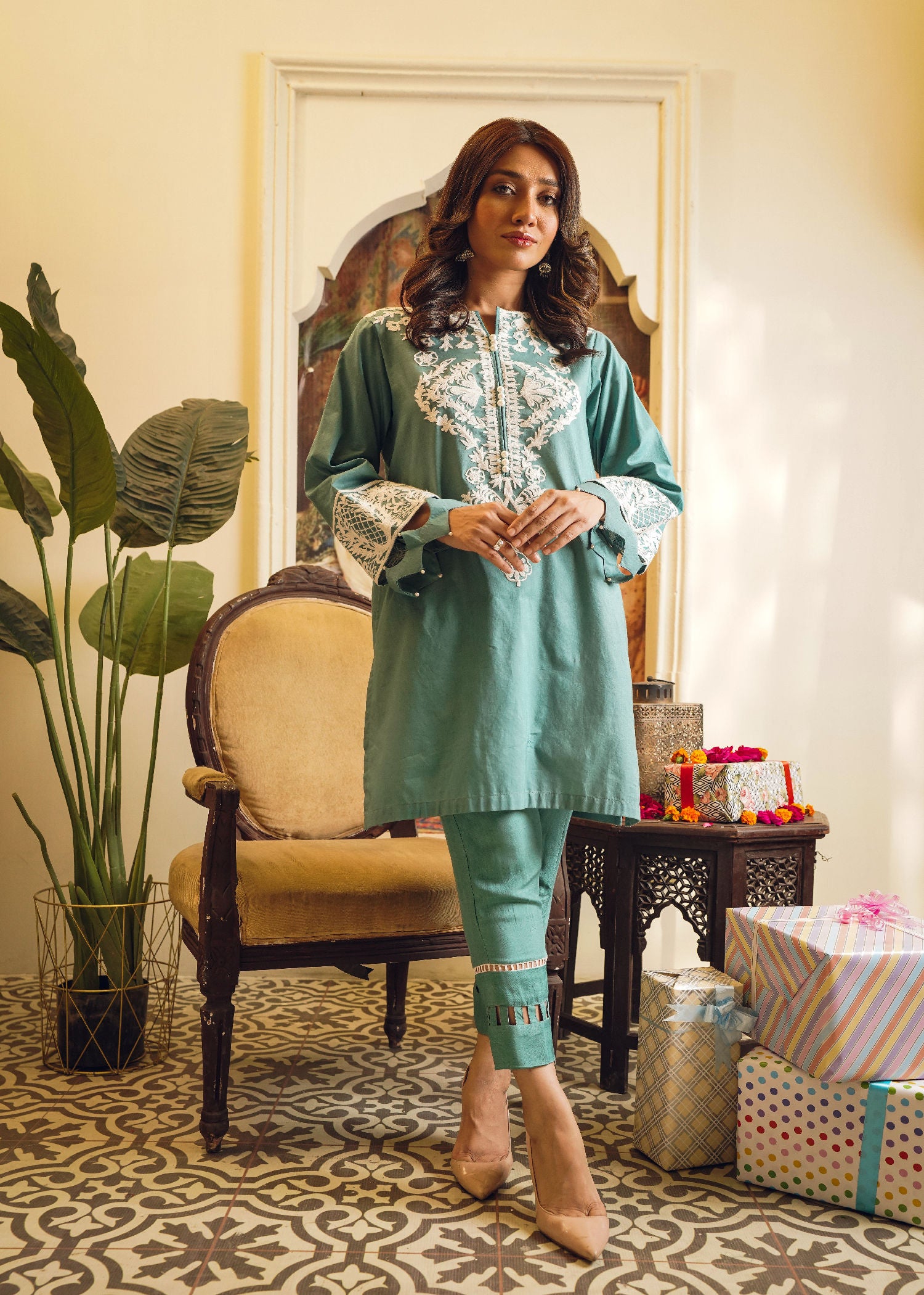 cotton Kurta Set in Emerald green