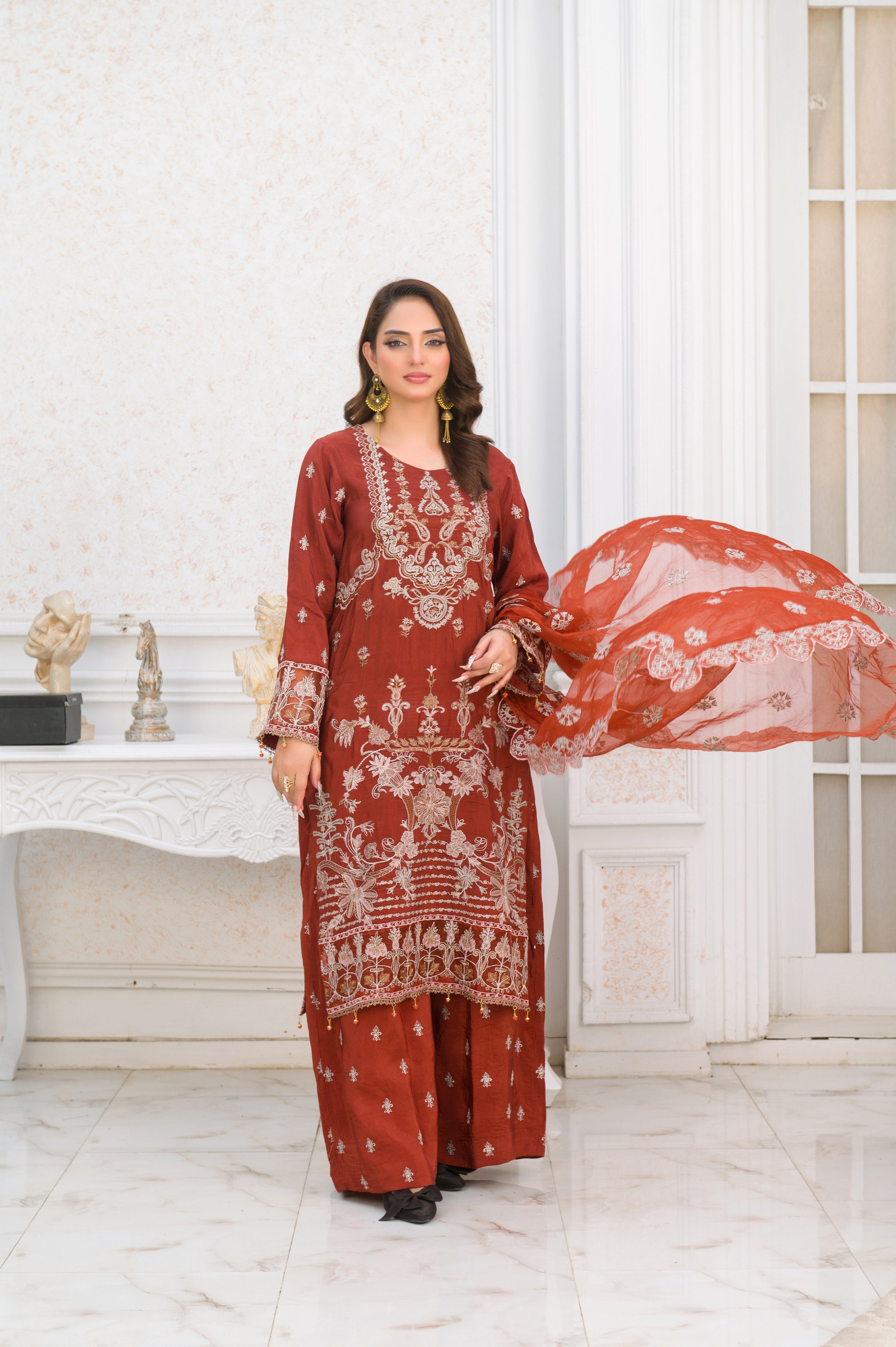 tussar silk Kurta Set in Rust orange