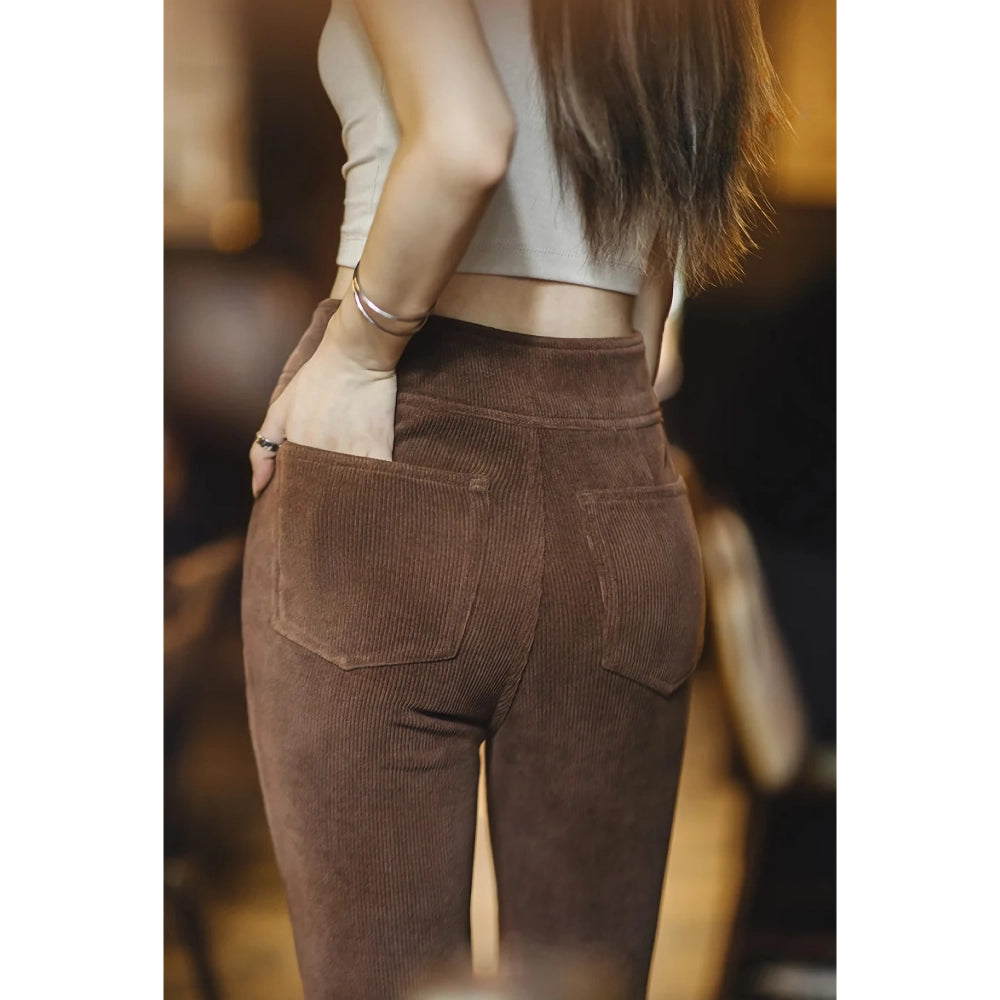Women's Autumn Winter Vintage Split Elastic Flare Corduroy Pants