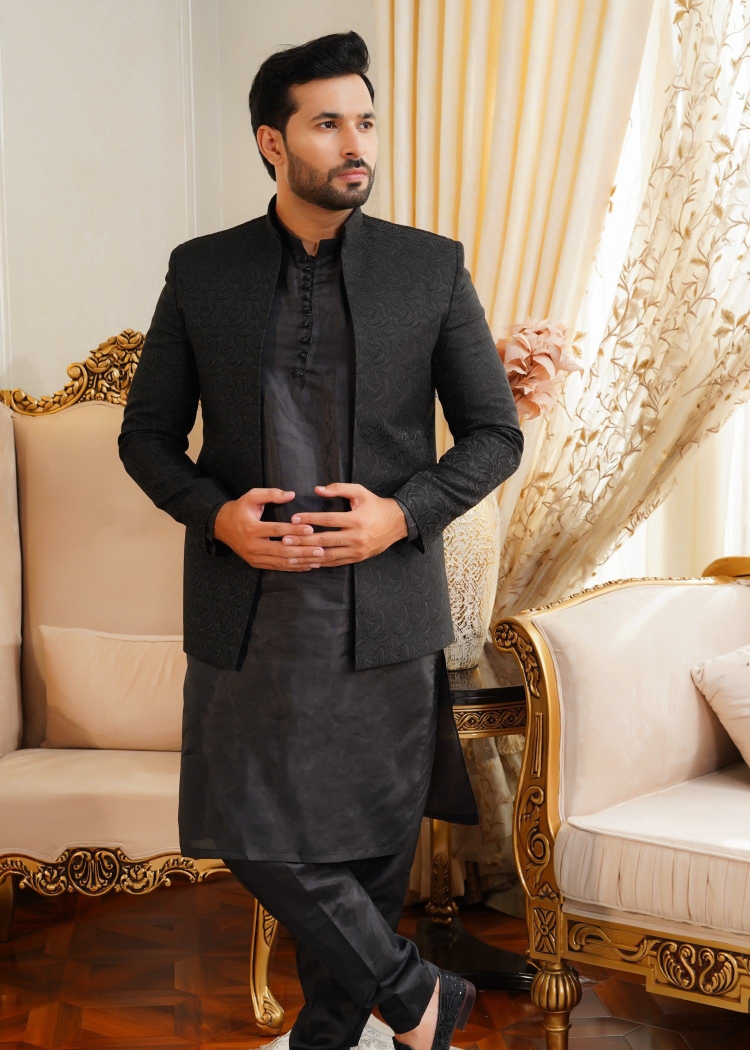 jamawar Prince Coat in Black by Azlan Shahzad