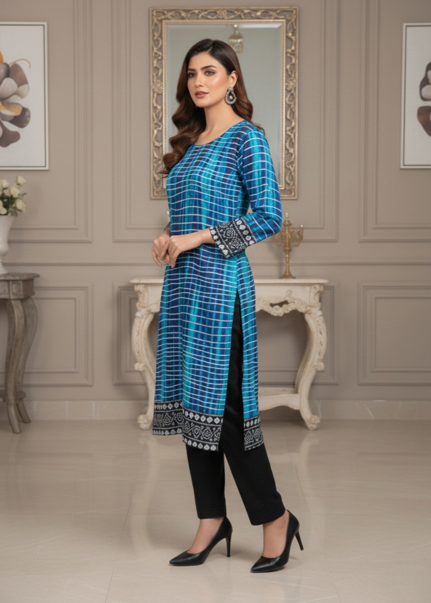 linen Kurta Set in Aquamarine, black, navy blue