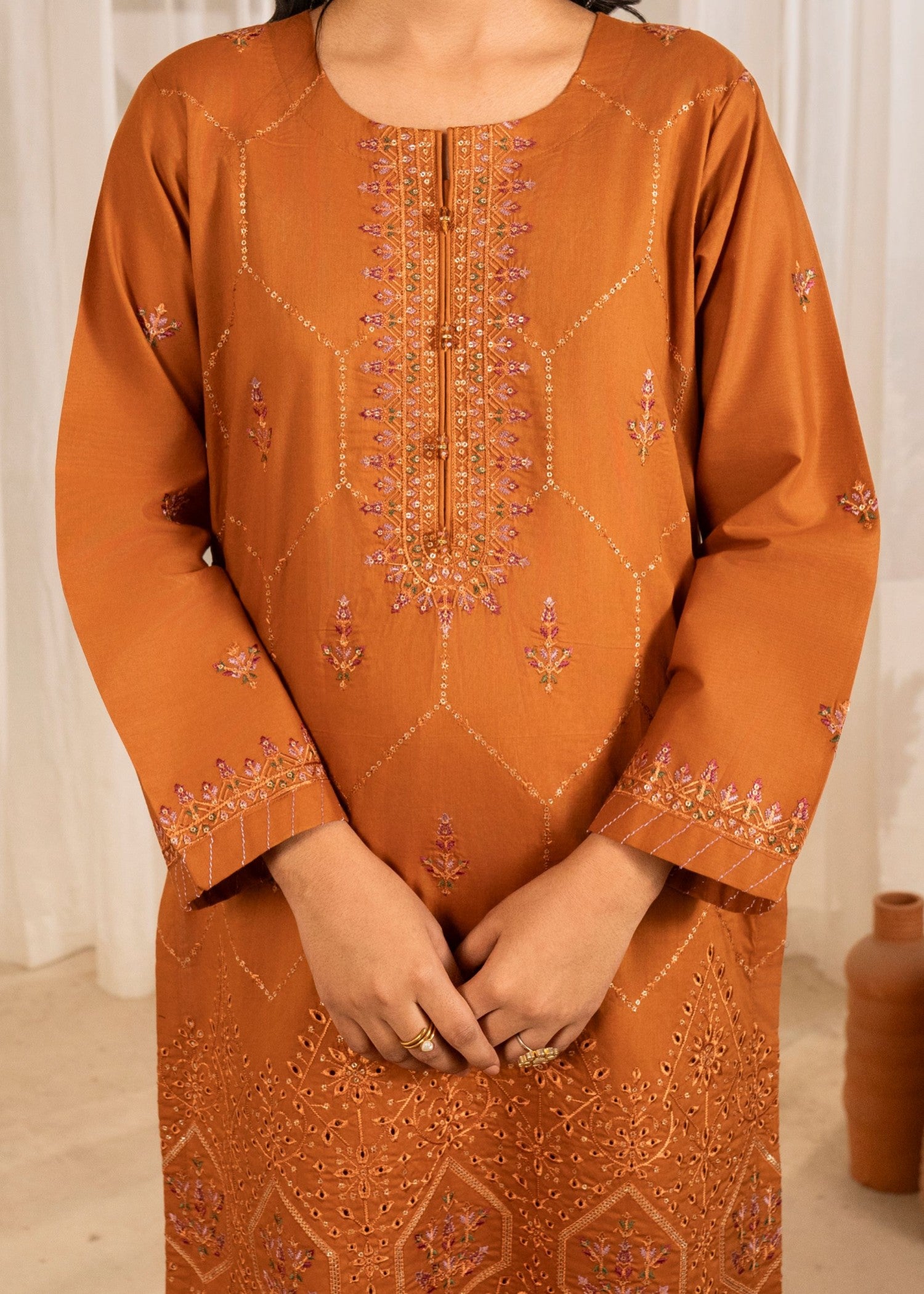 cotton Kurta Set in Bronze orange