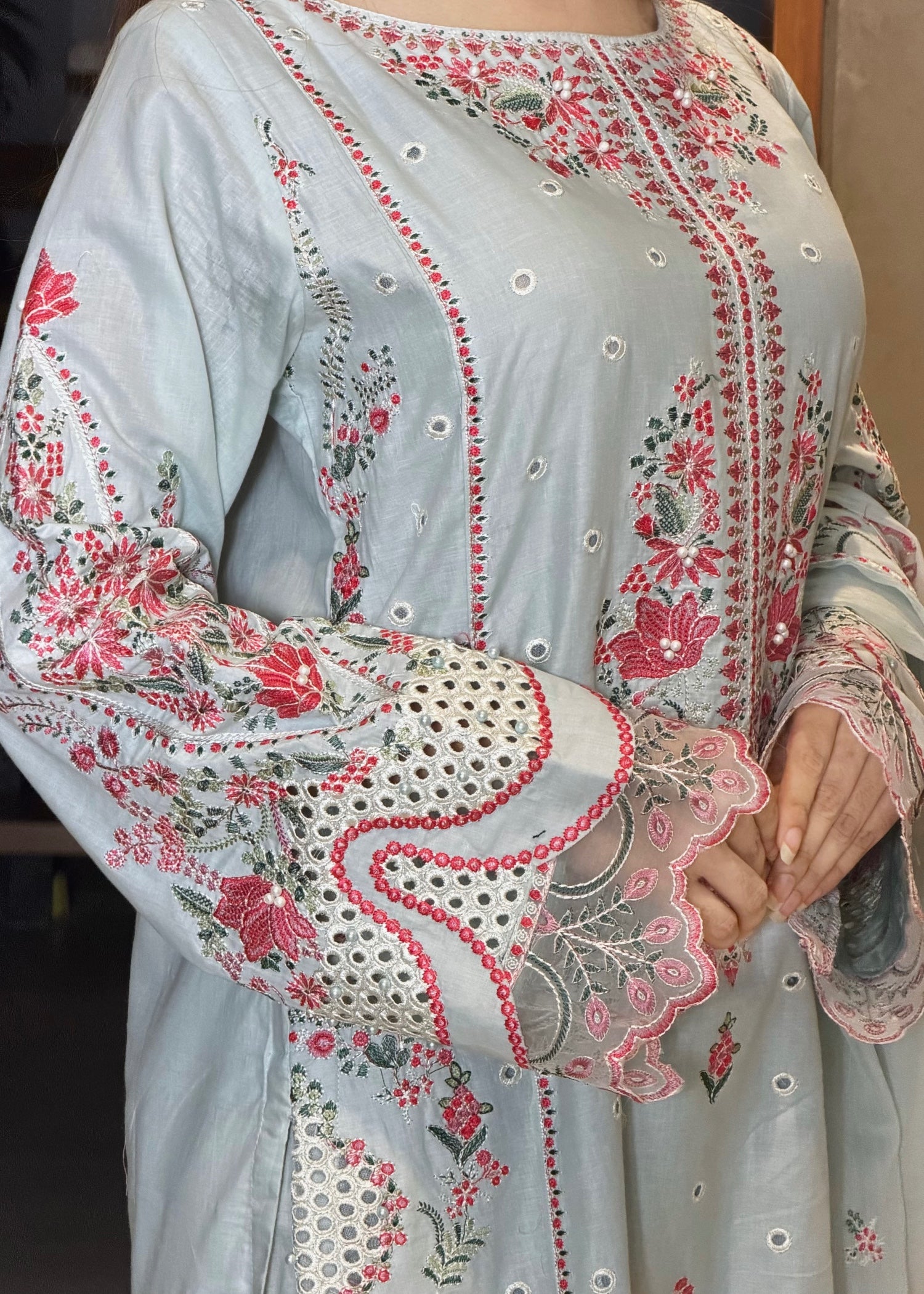 lawn Kurta Set in Ash grey, pink