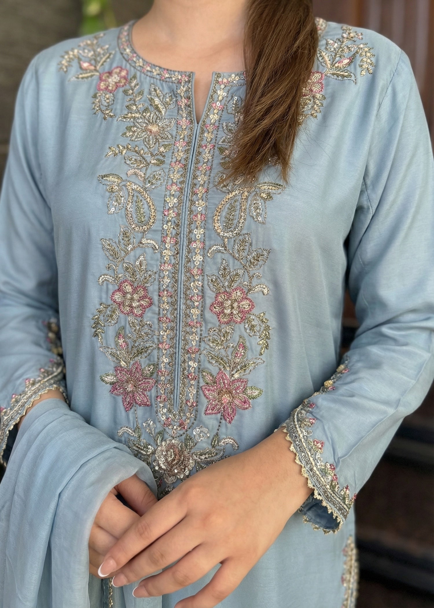 silk Kurta Set in Light blue