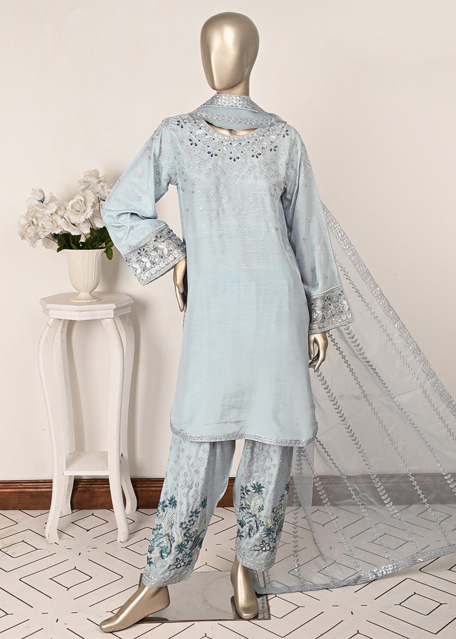 viscose raw silk Kurta Set in Light blue