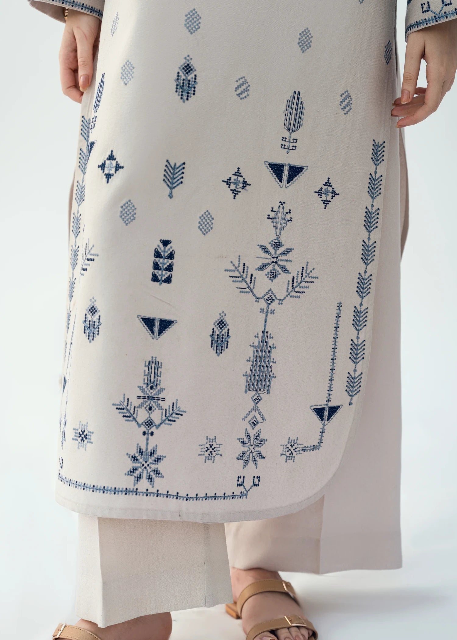 karandi Kurta Set in Ivory, prussian blue