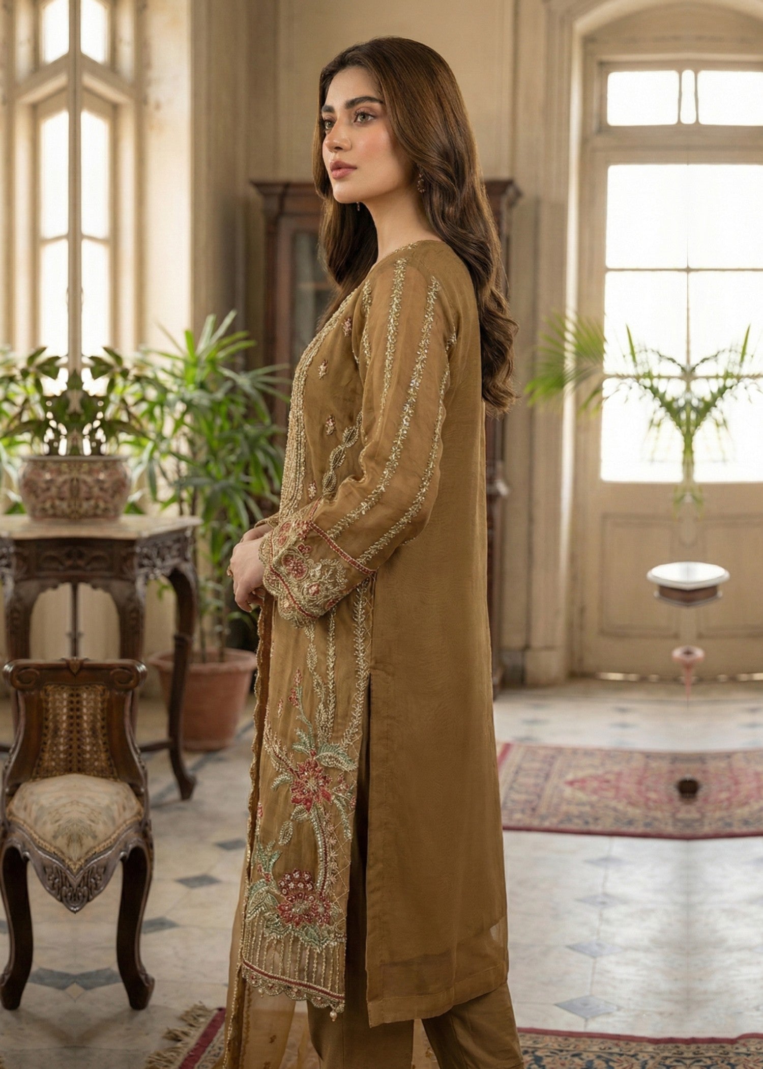 organza Kurta Set in Golden brown