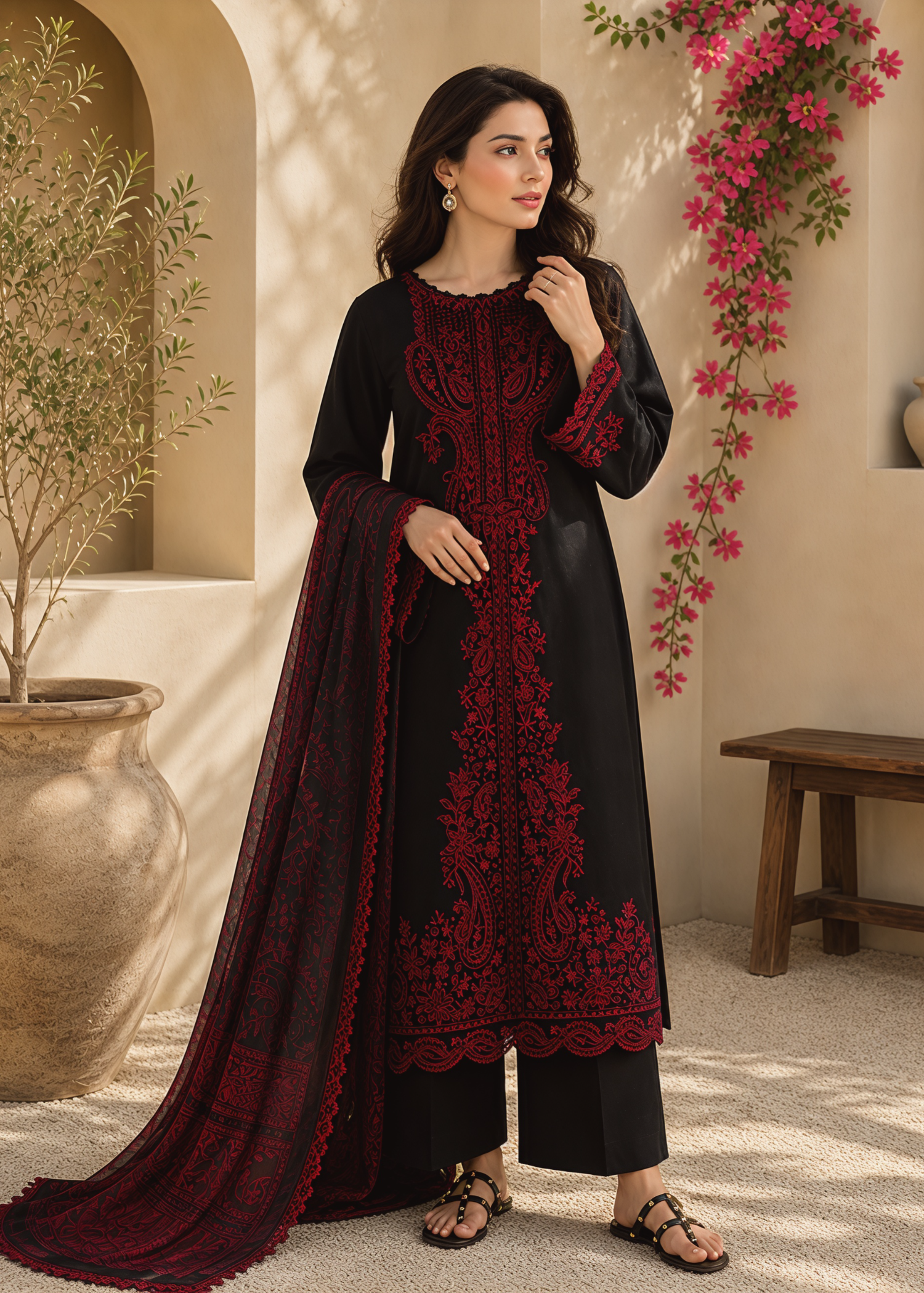 linen Kurta Set in Black, maroon
