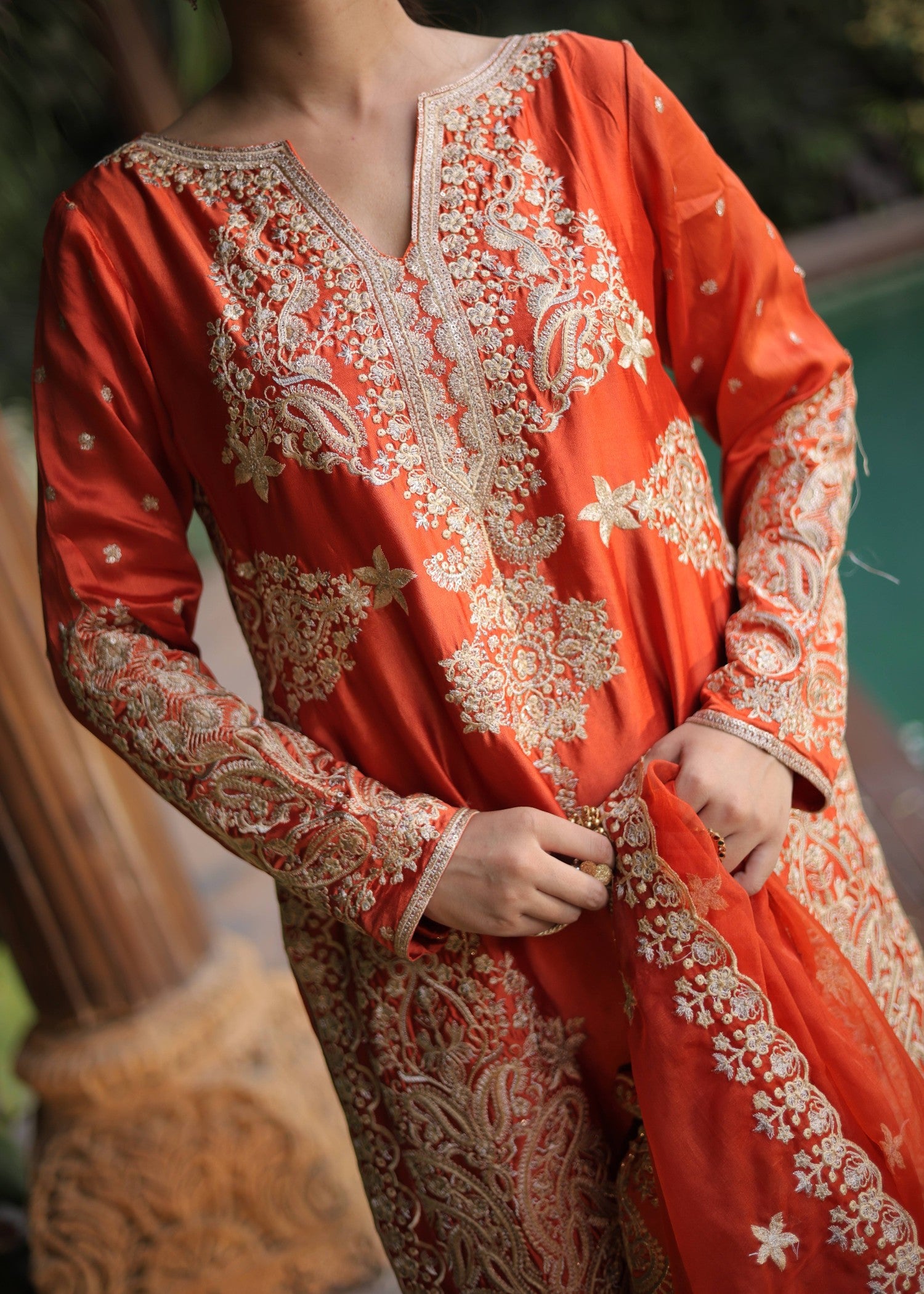 pure silk Kurta Set in Rust orange
