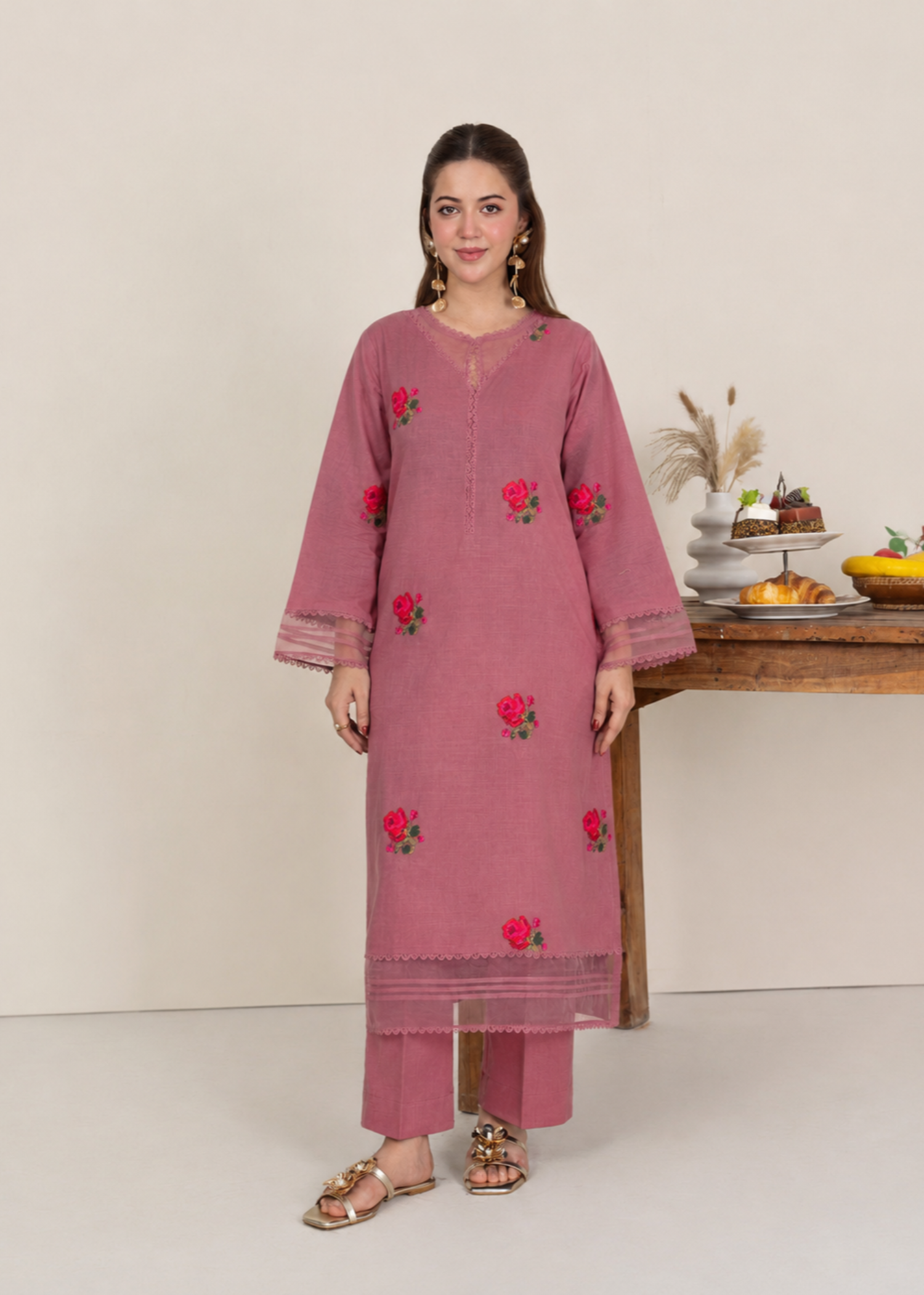 khaddar Kurta Set in Tea rose pink
