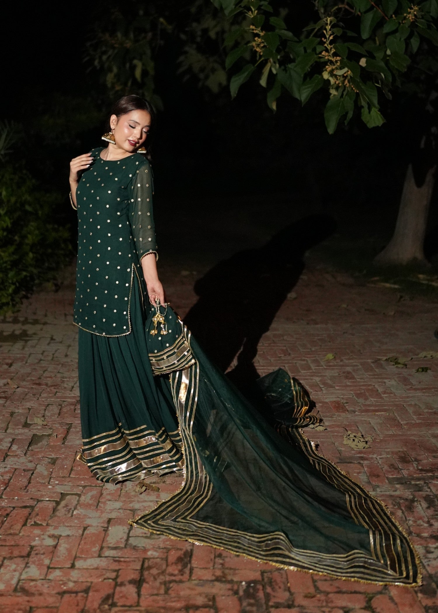 bemberg crinkle chiffon Sharara in Dark green