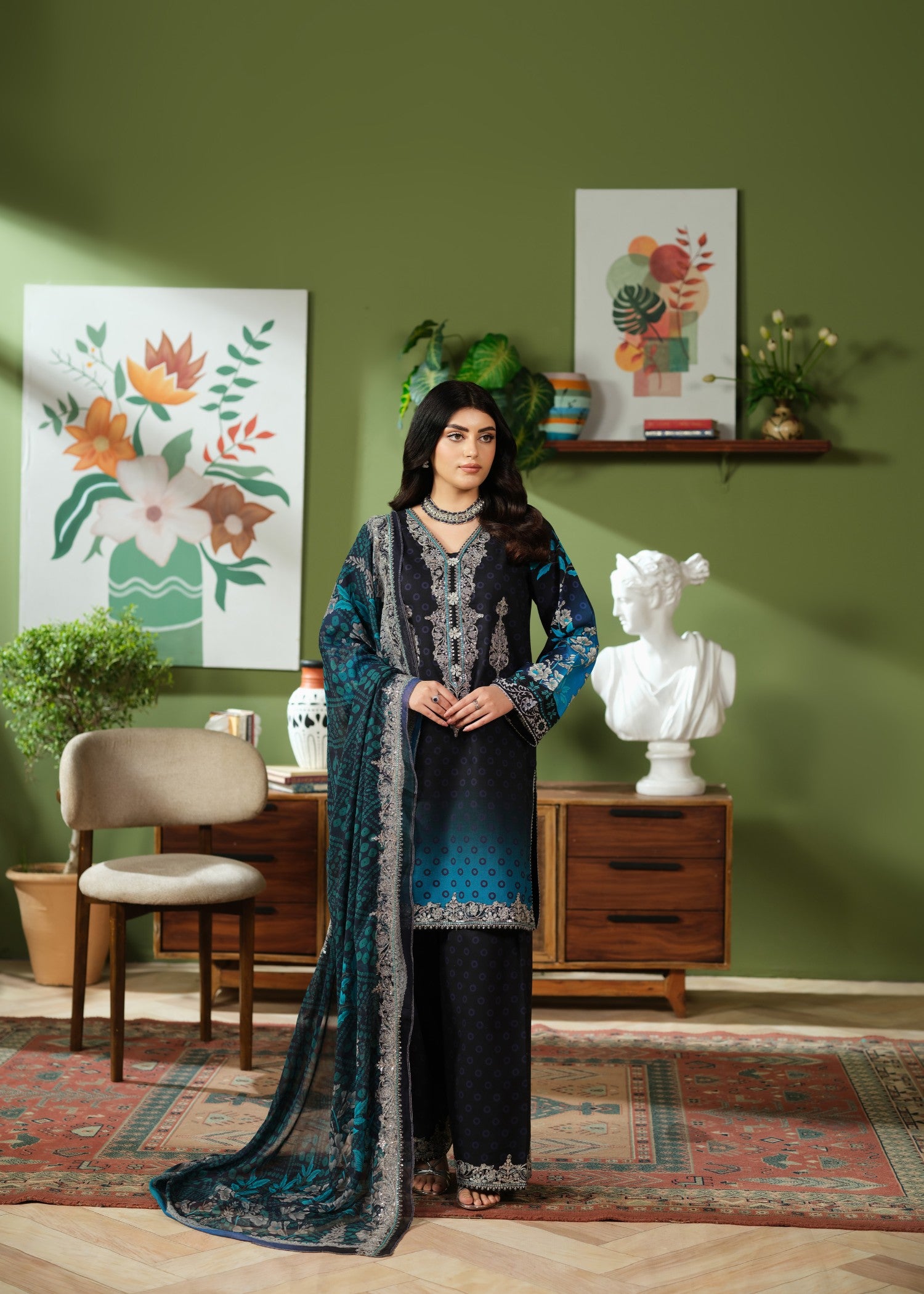 cambric cotton Kurta Set in Blue, black
