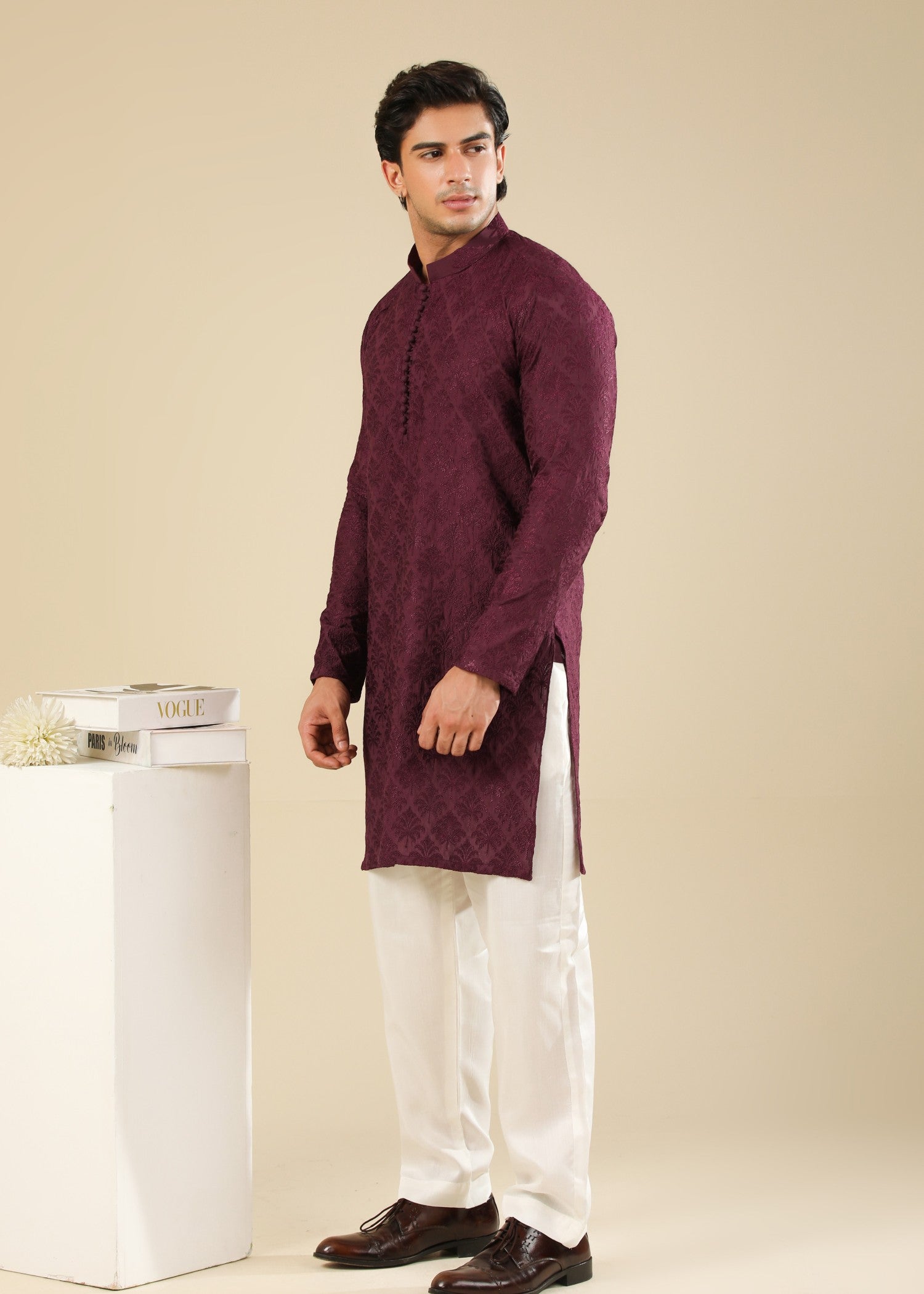raw silk Kurta Set in Maroon, white