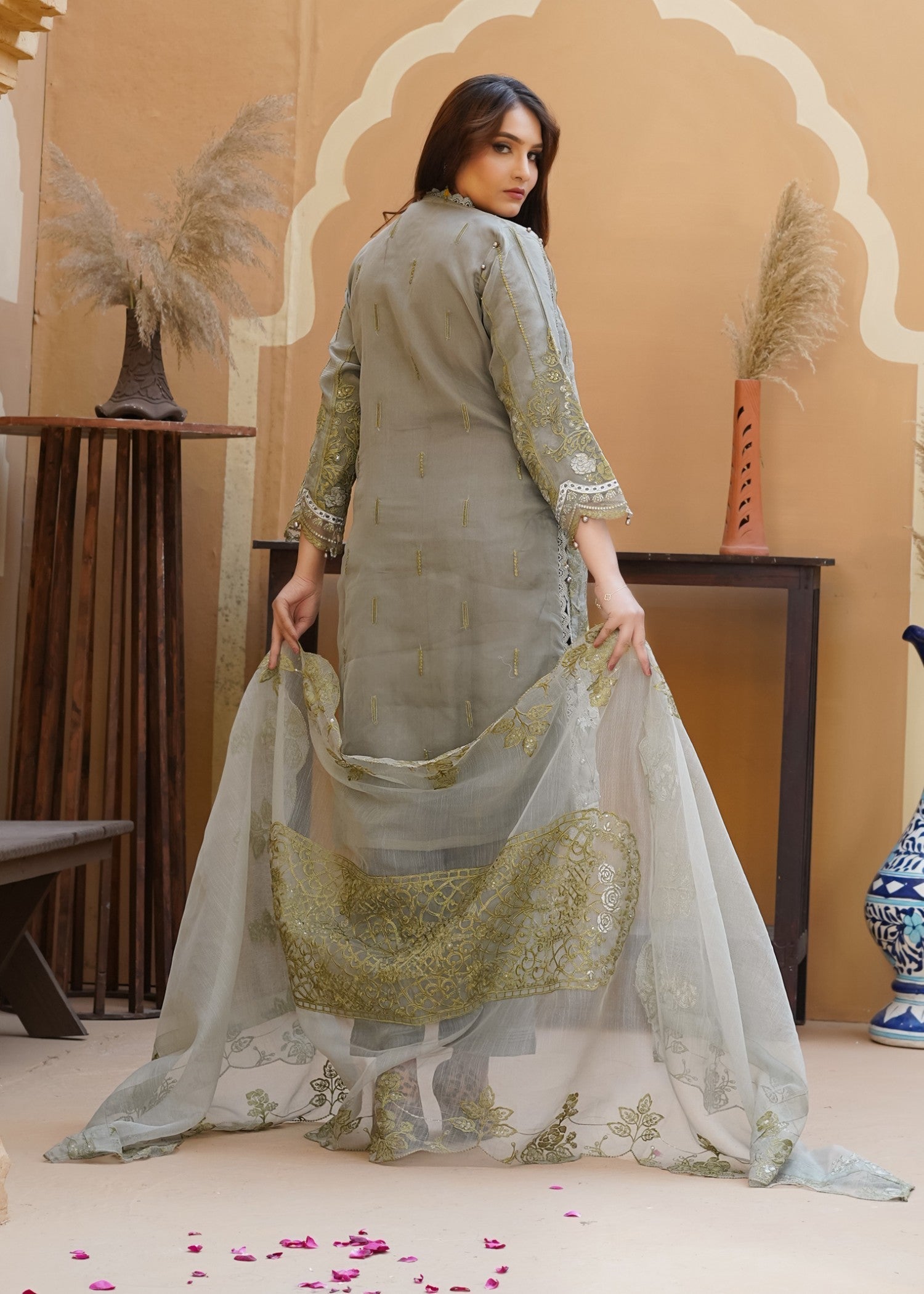 organza Kurta Set in Grey