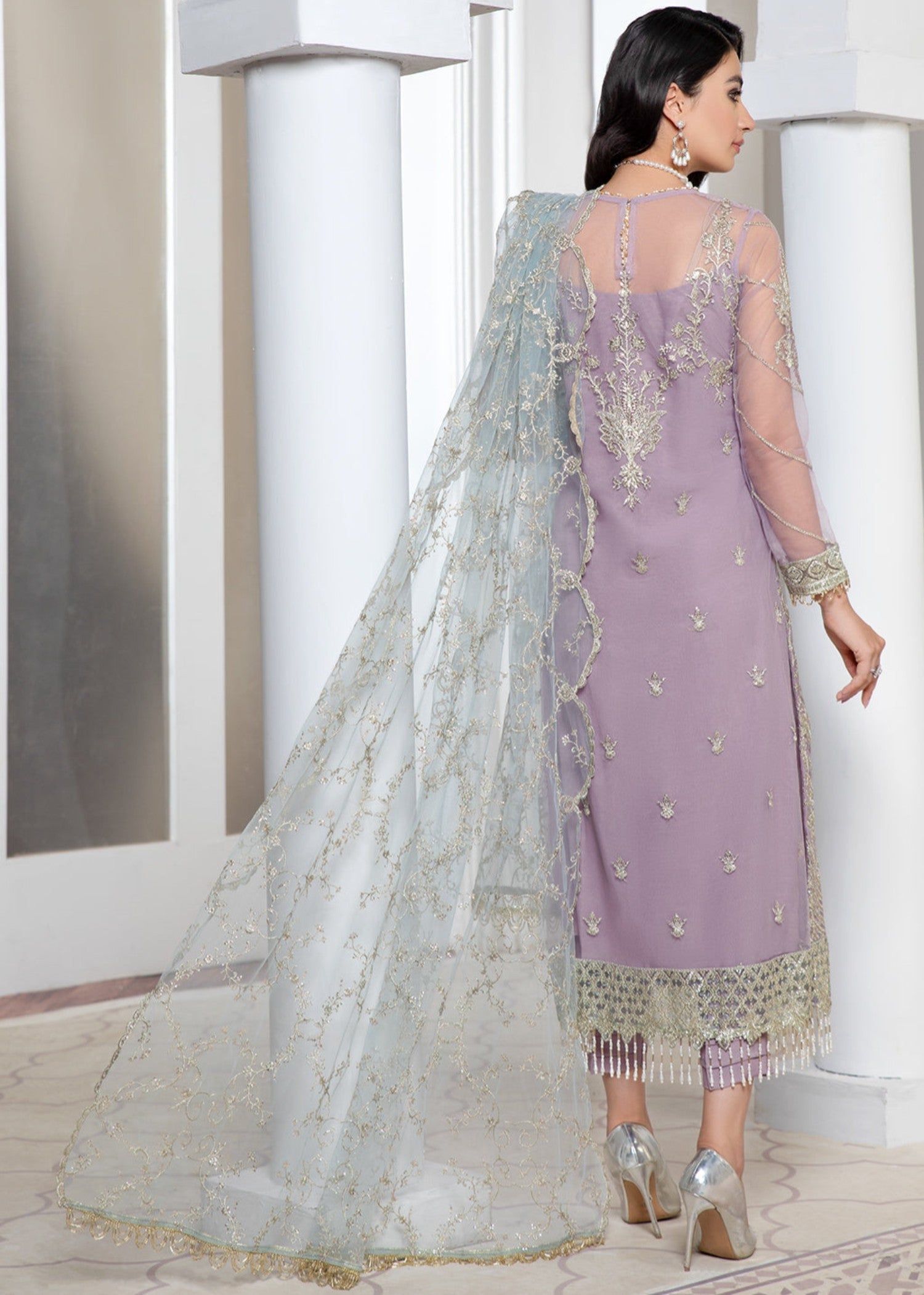 net Kurta Set in Purple ash