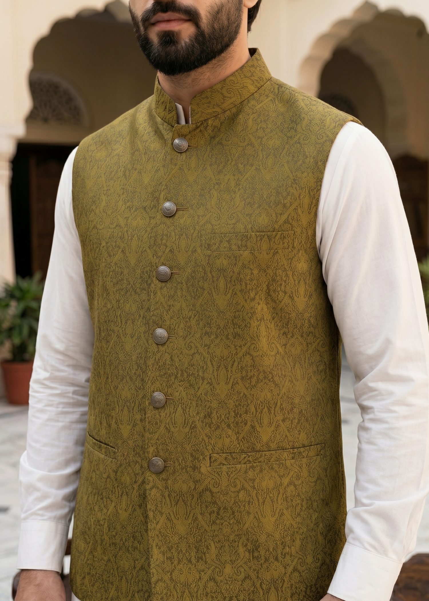 banarsi silk Waistcoat in Olive green