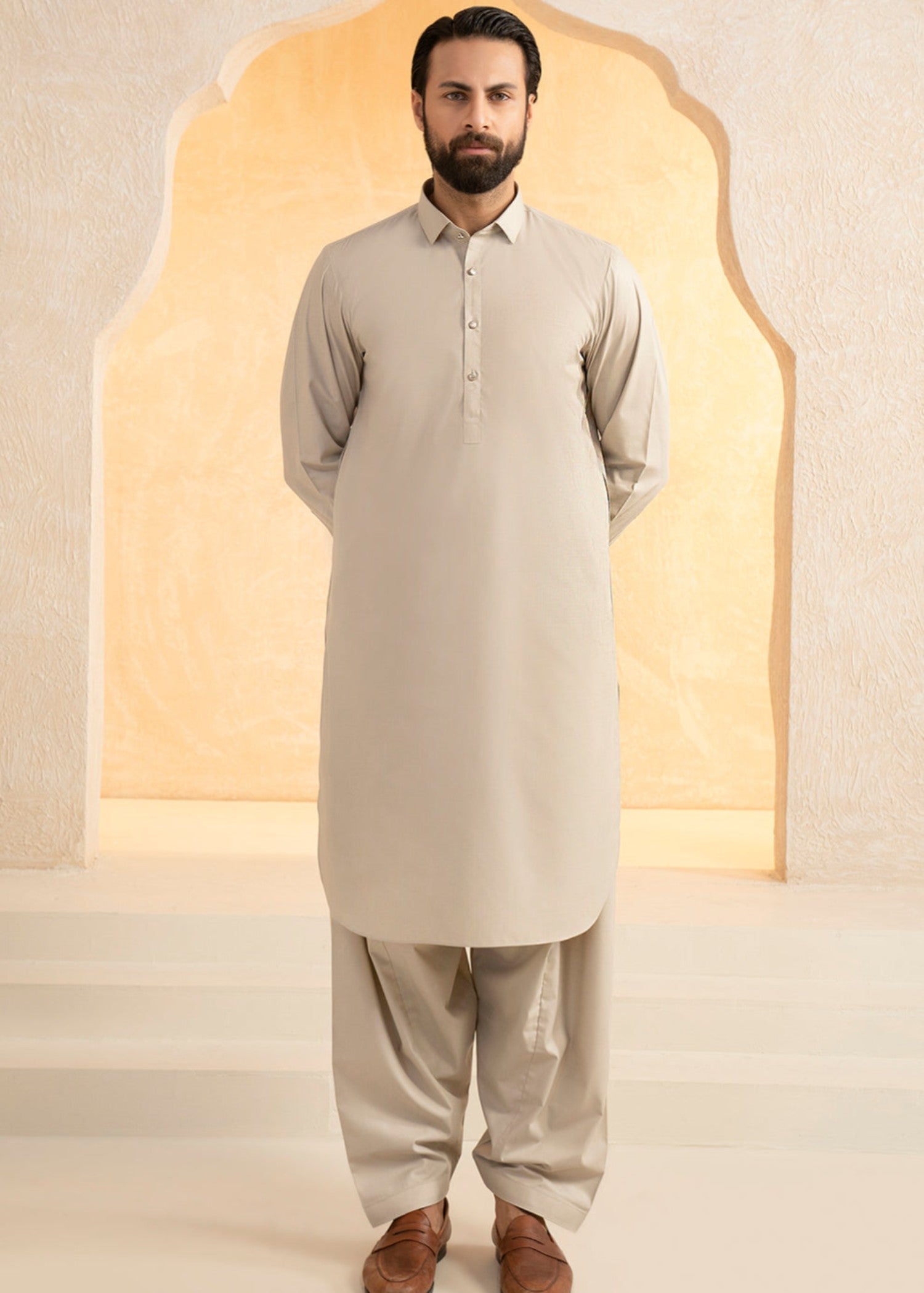 blended satin Shalwar Kameez in Stone grey