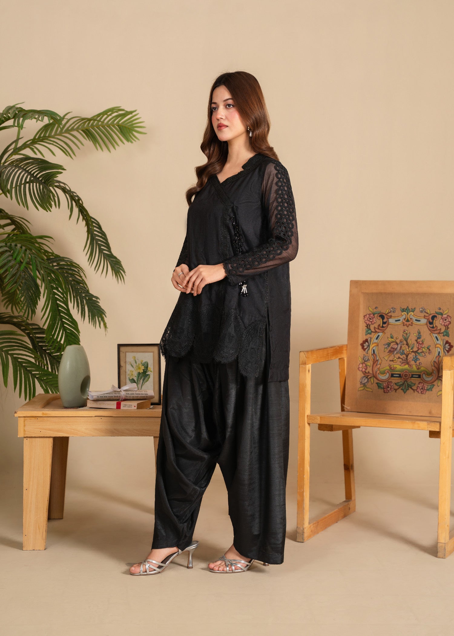 cotton net Angrakha in Black