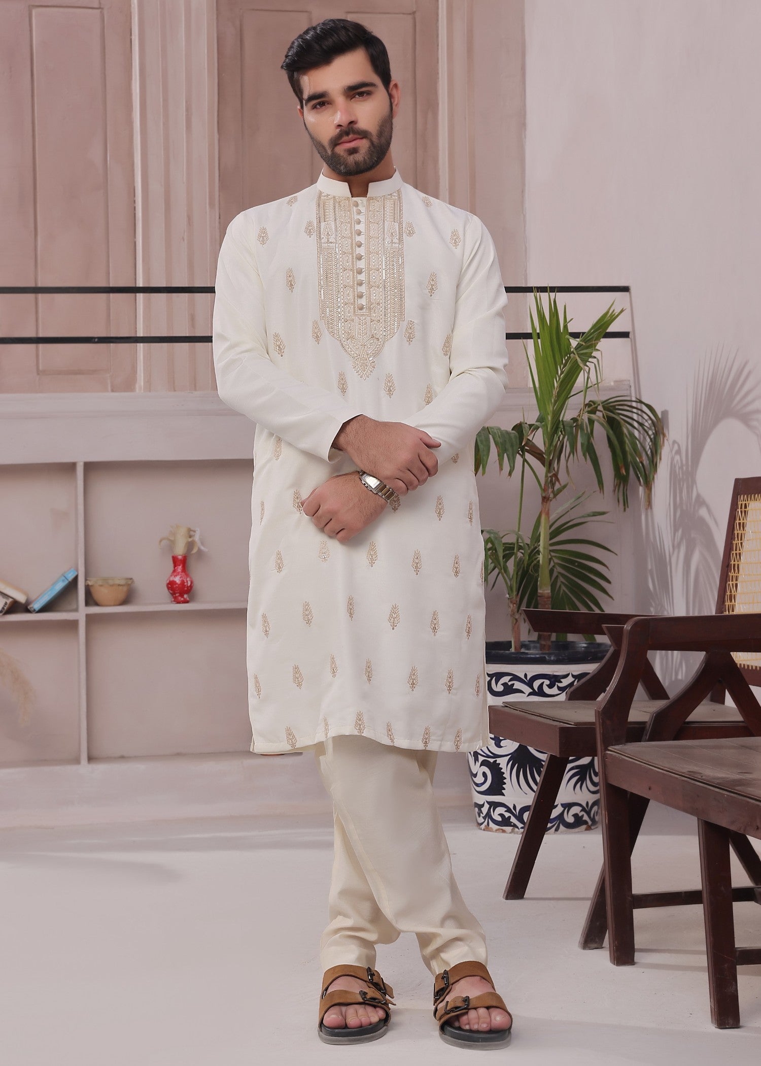 raw silk Kurta Set in Beige by The Great Masters (TGM)