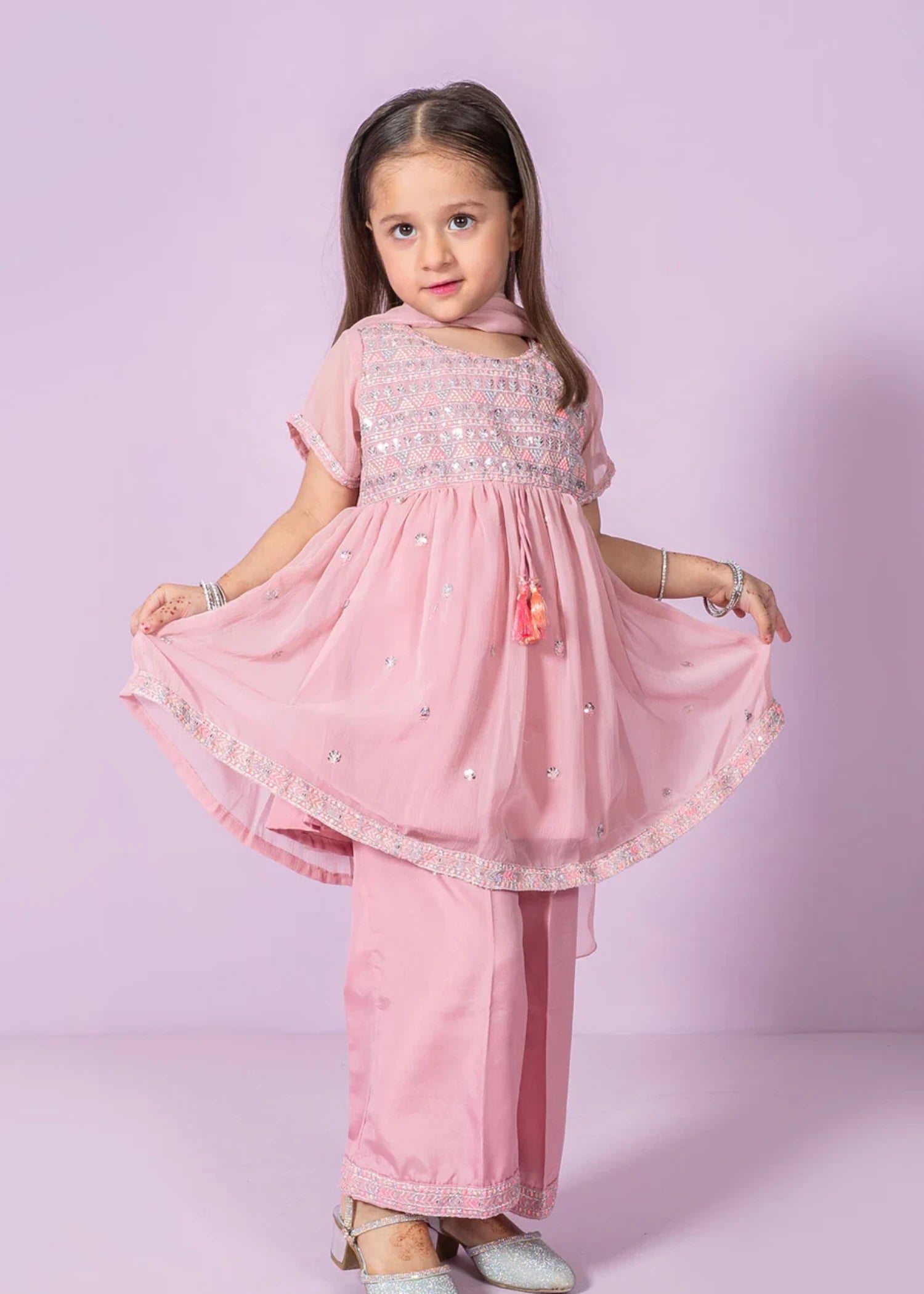 chiffon Short Frock in Peach pink