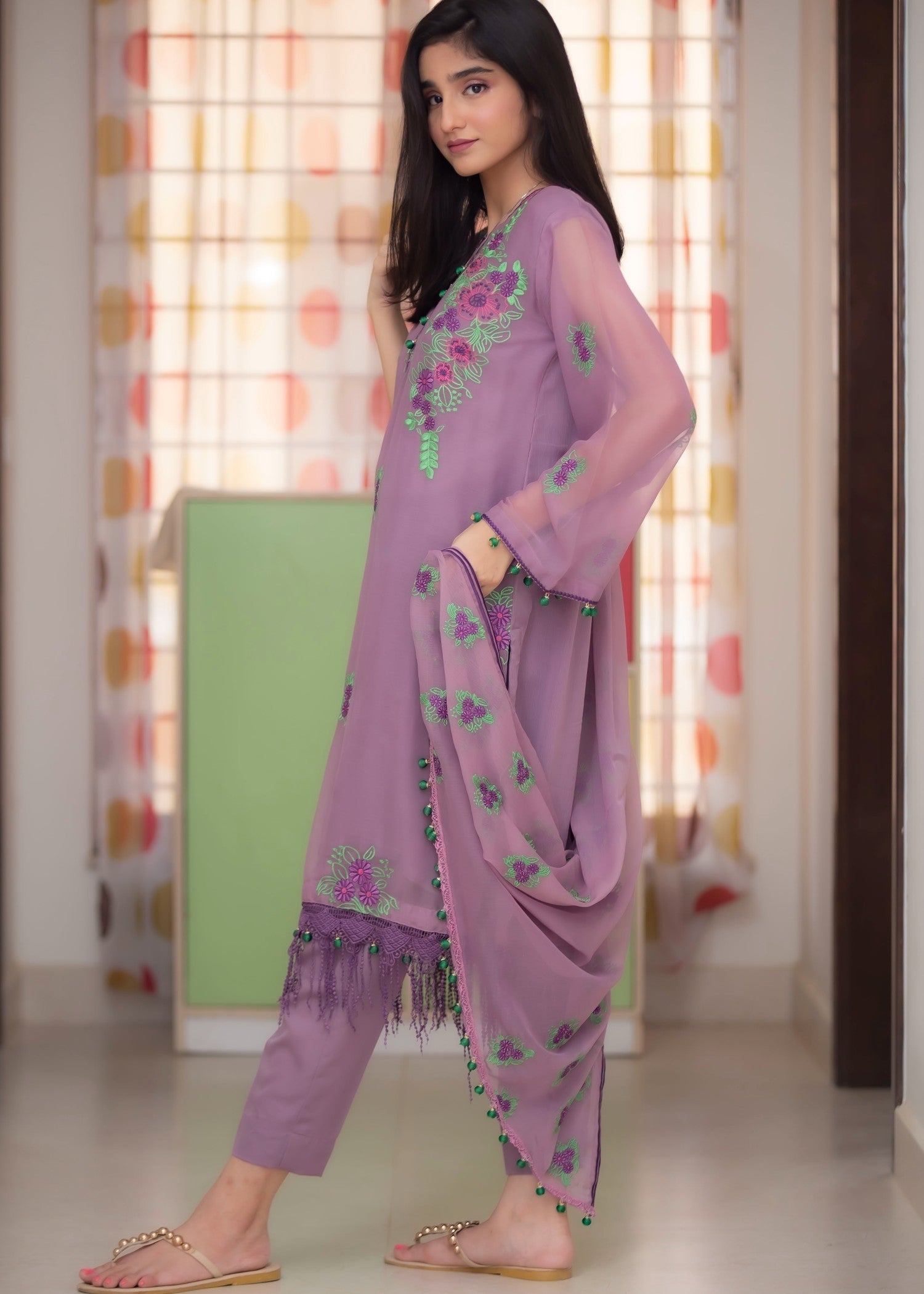 chiffon Kurta Set in Lilac