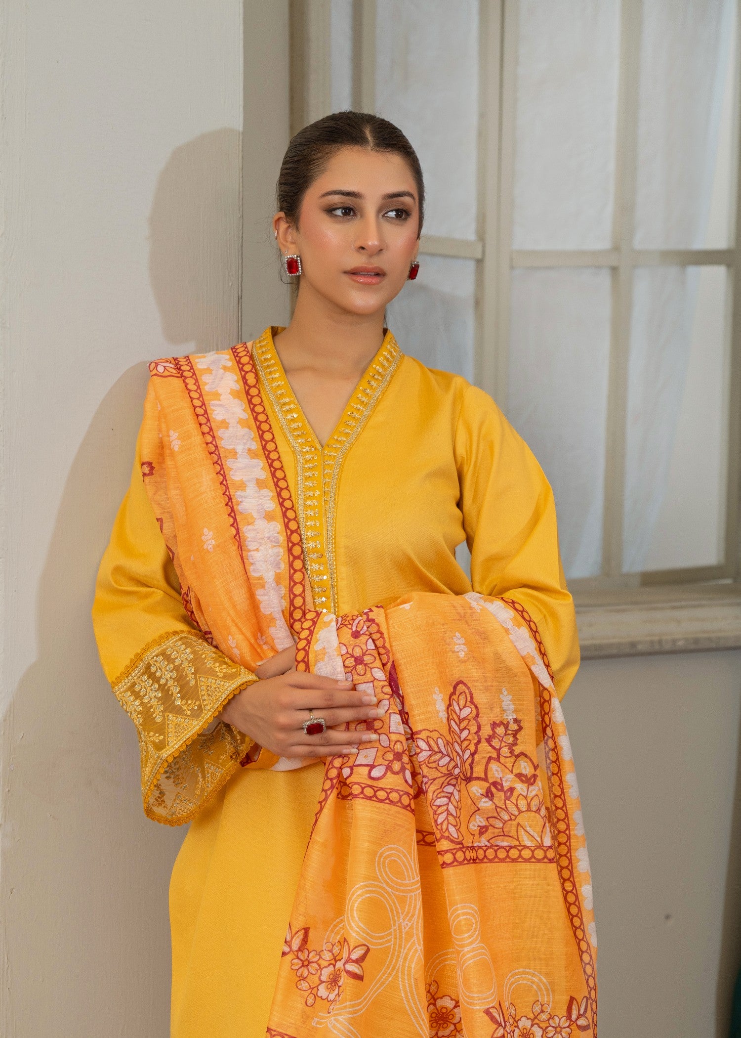 lawn karandi Kurta Set in Marigold
