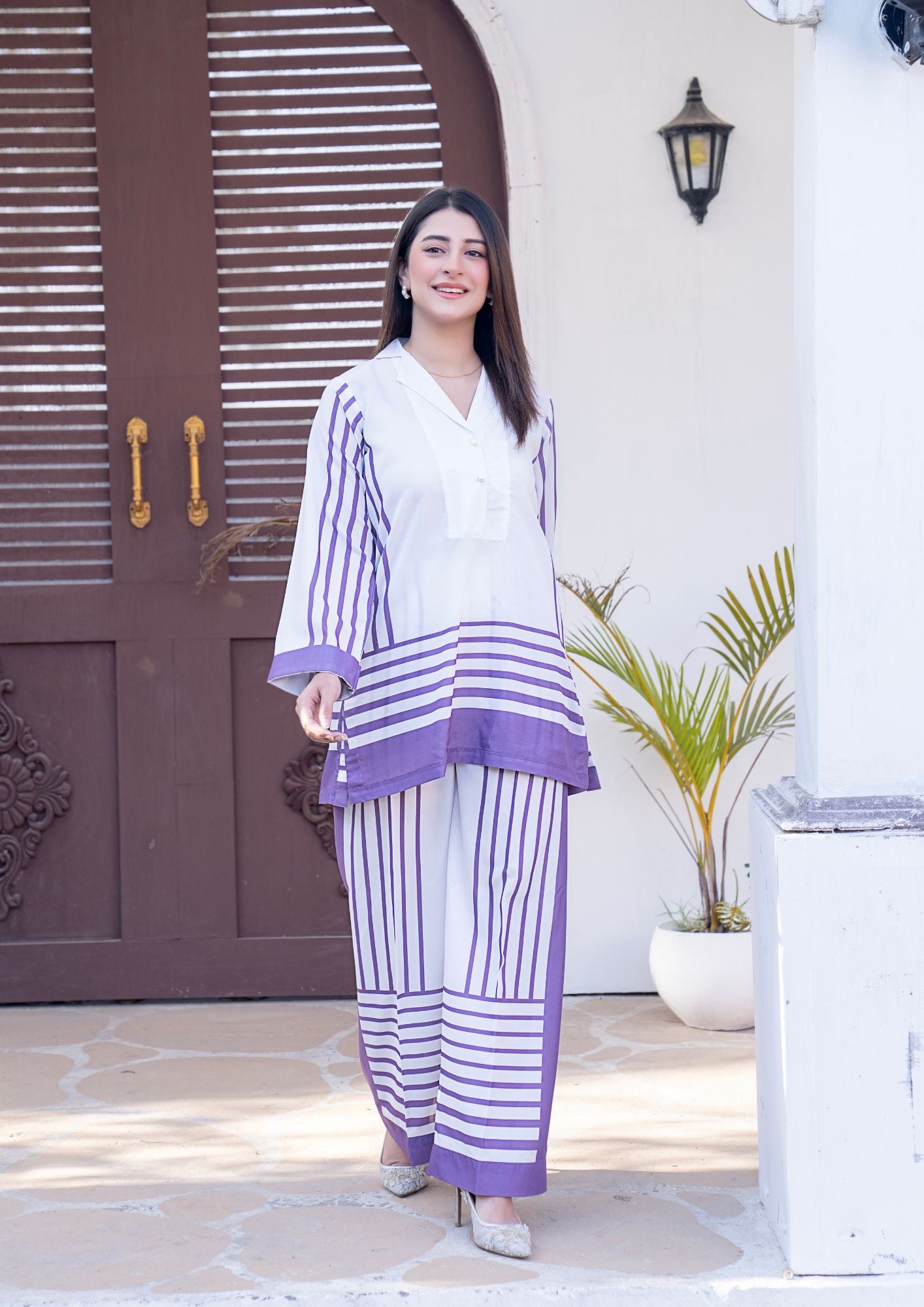 arabic lawn Kurta Set in Purple, white