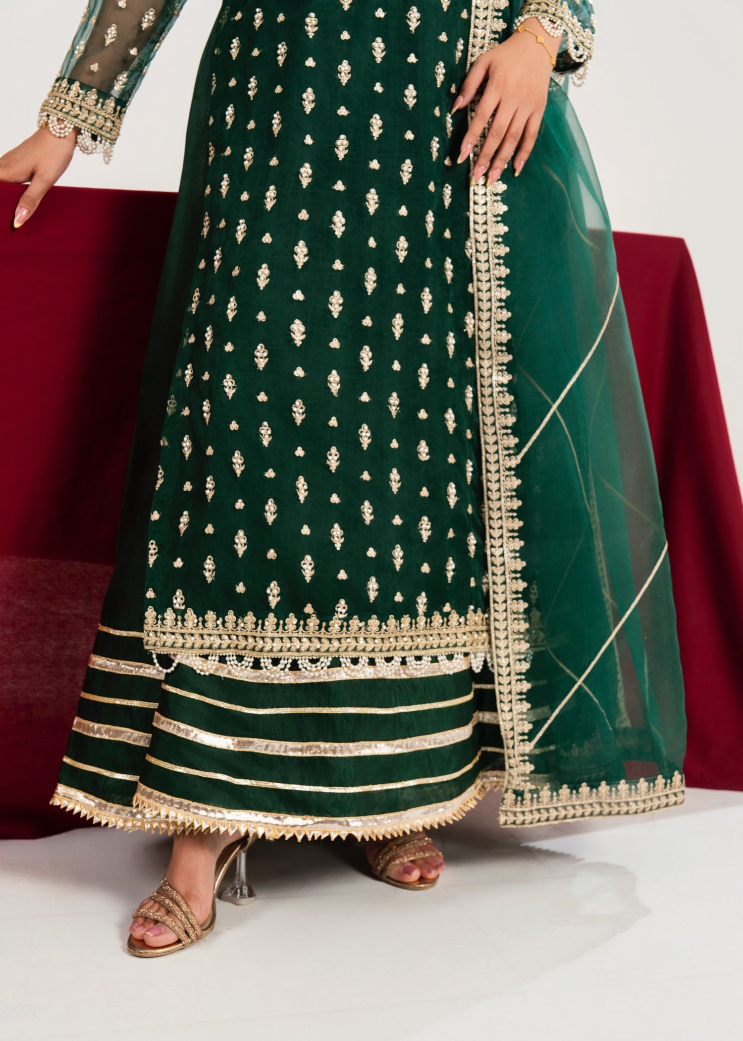 kattan silk Pishwas in Dark green