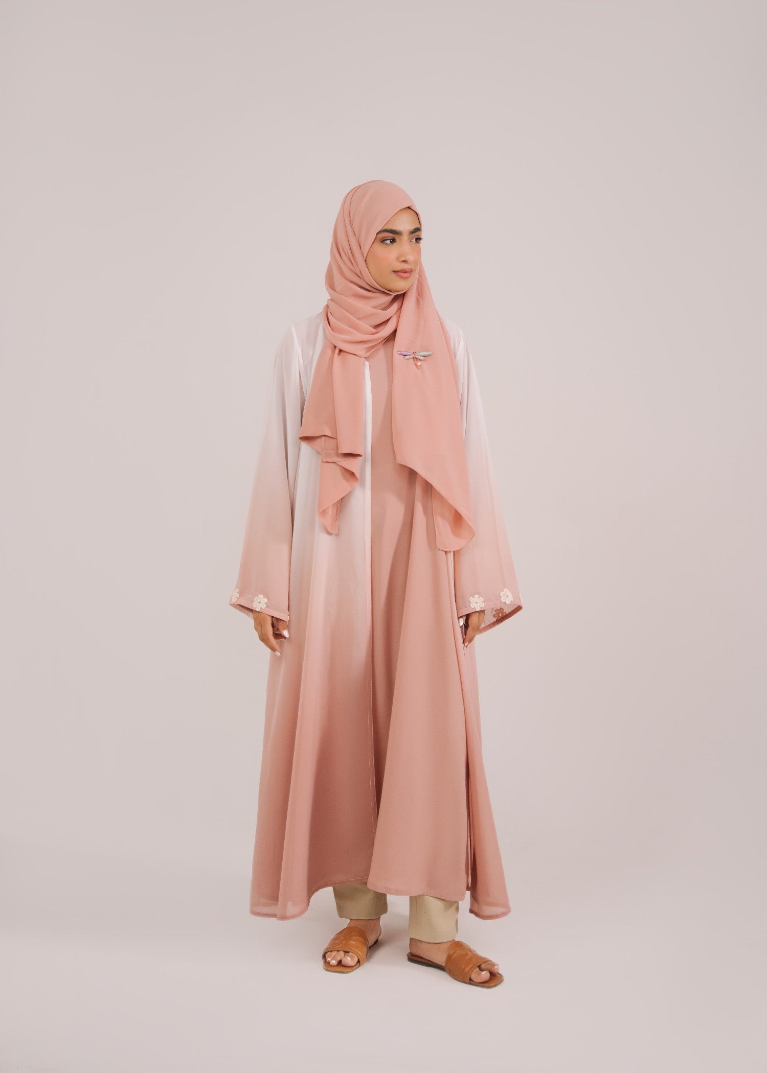 crepe Abaya in White, pink sherbert