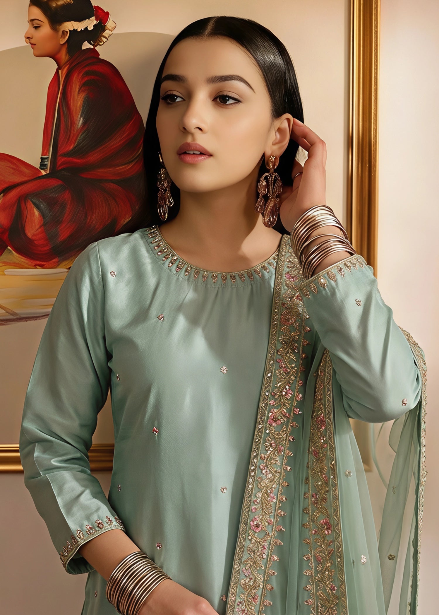 silk Kurta Set in Moss green