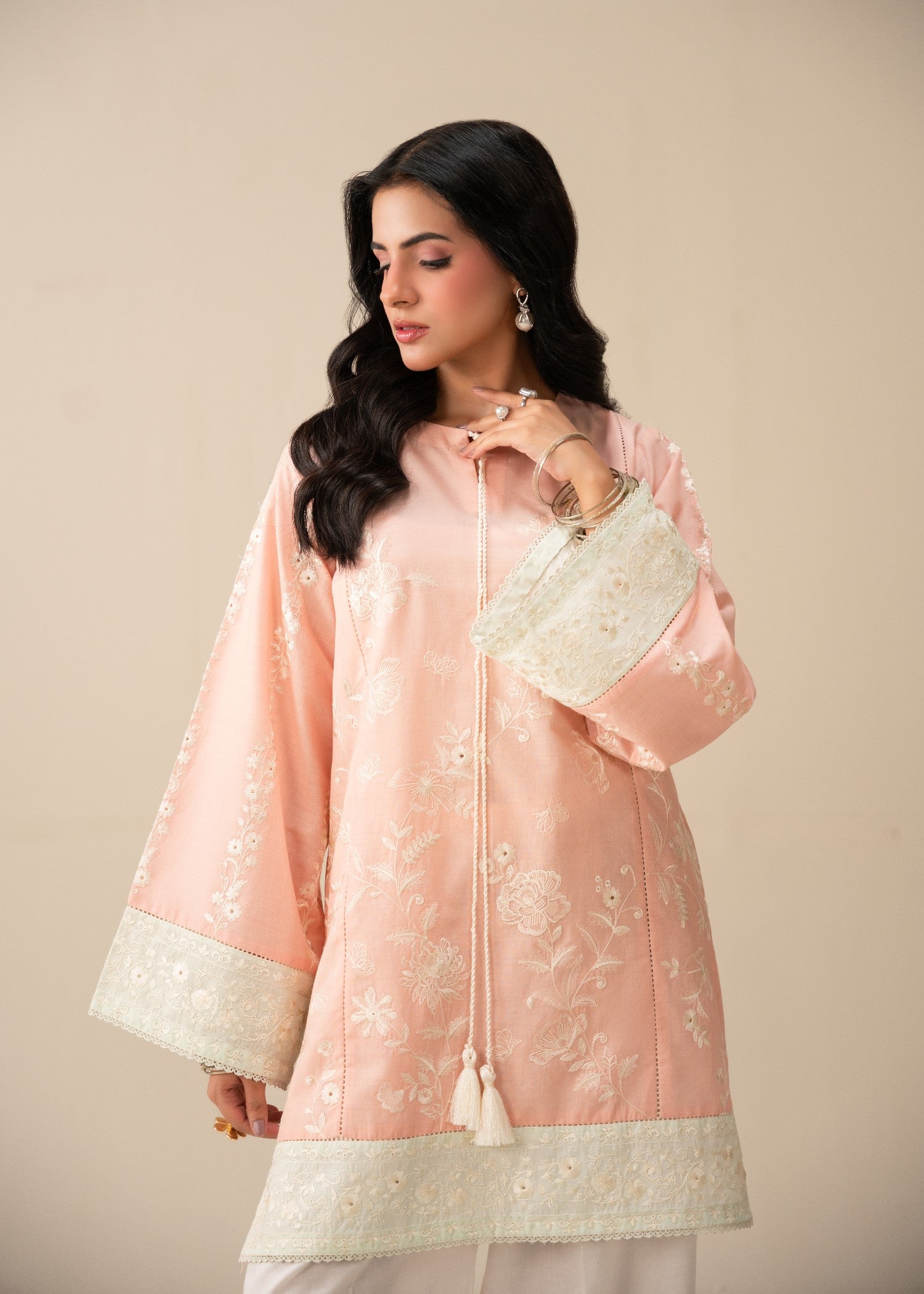 lawn Kurta Set in White, pistachio green, peach pink