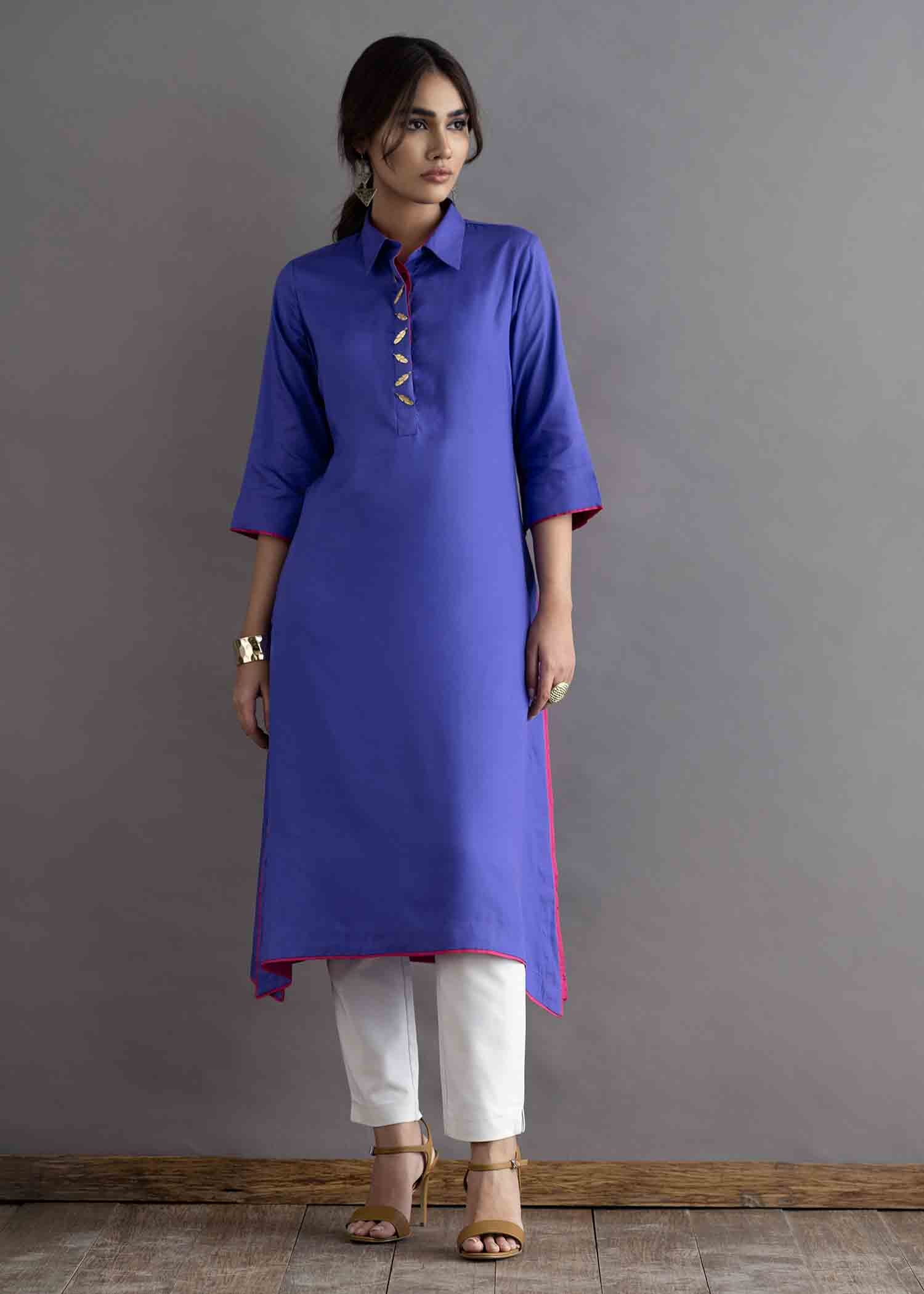 cotton satin Kurta Set in Purple