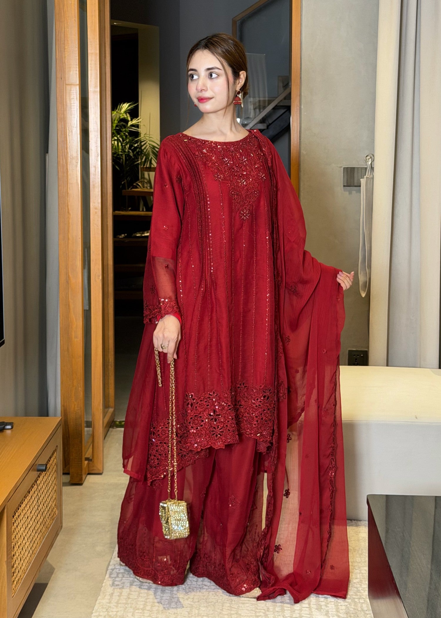chiffon Short Frock in Maroon