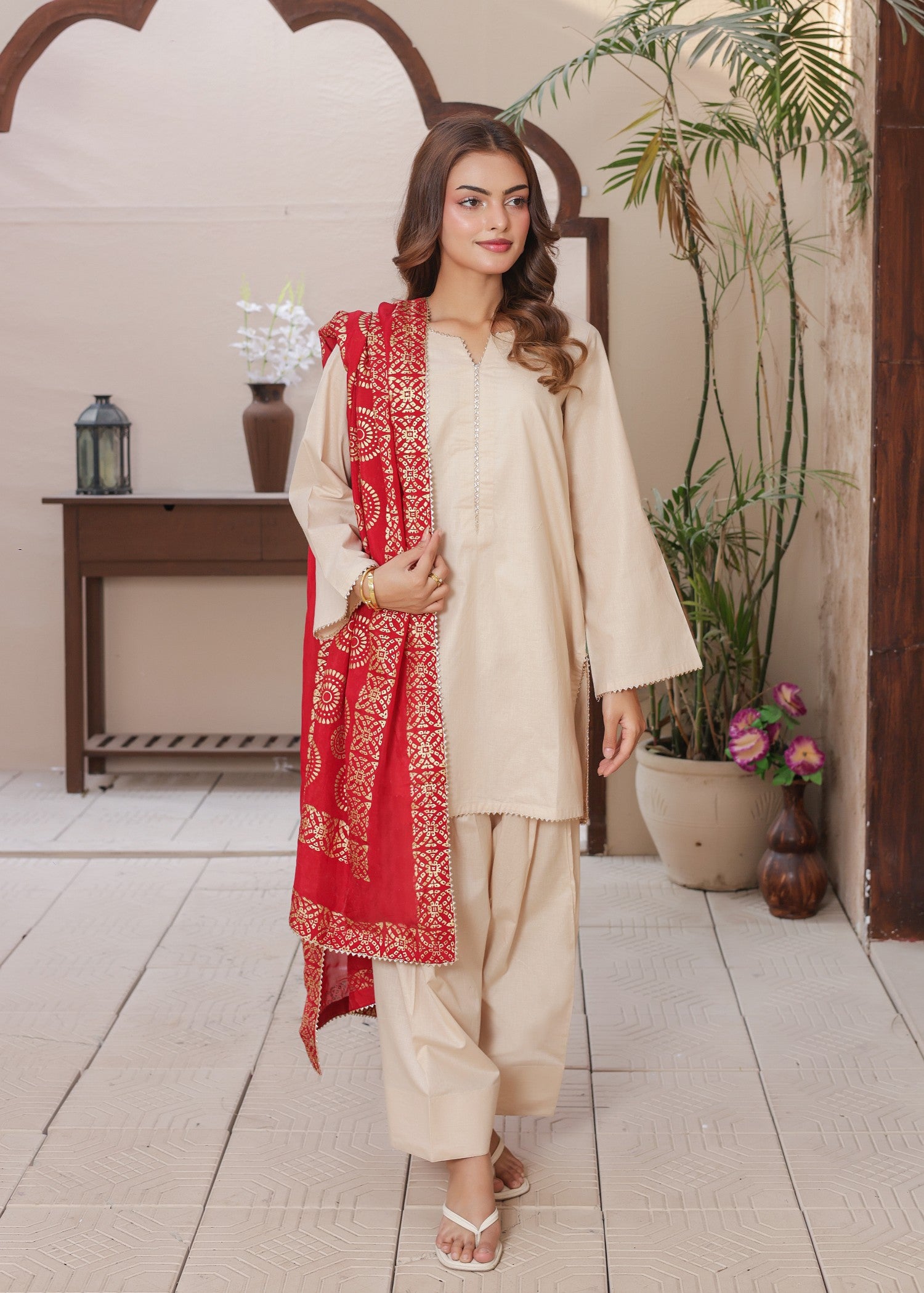 cambric Kurta Set in Fire red