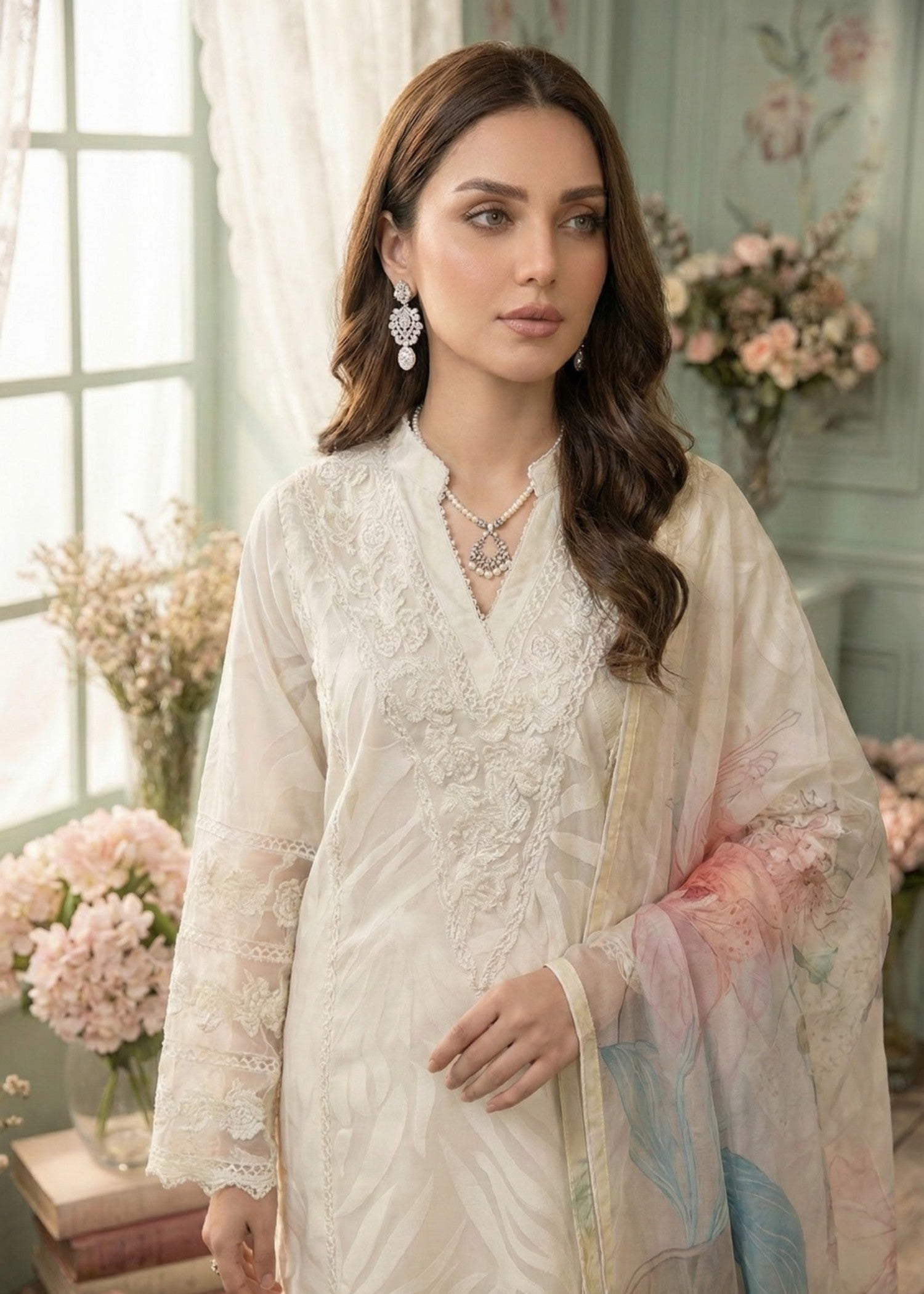 jacquard organza Kurta Set in Light yellow