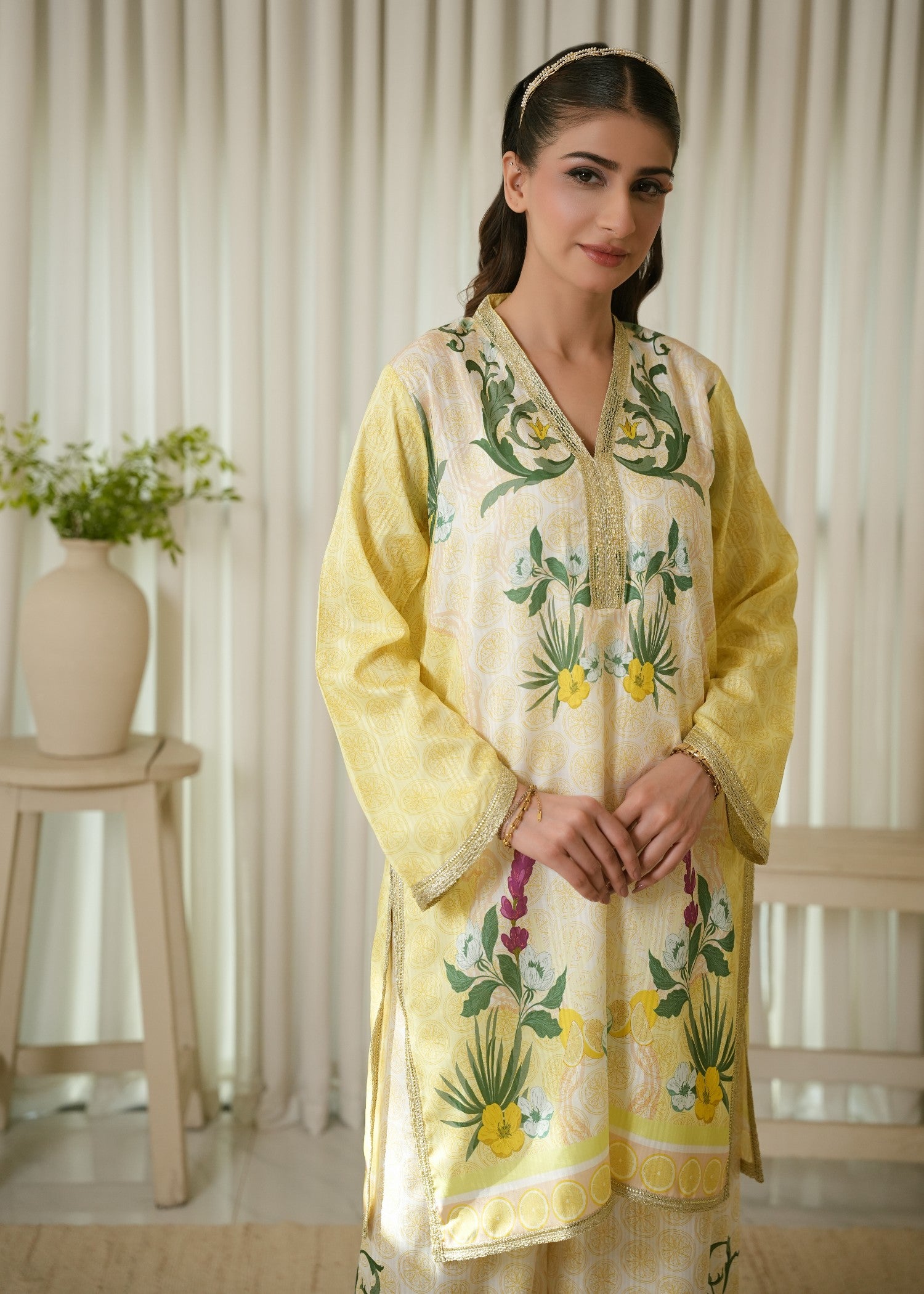 textured lawn Co Ord Sets in Dark green, white, lemon