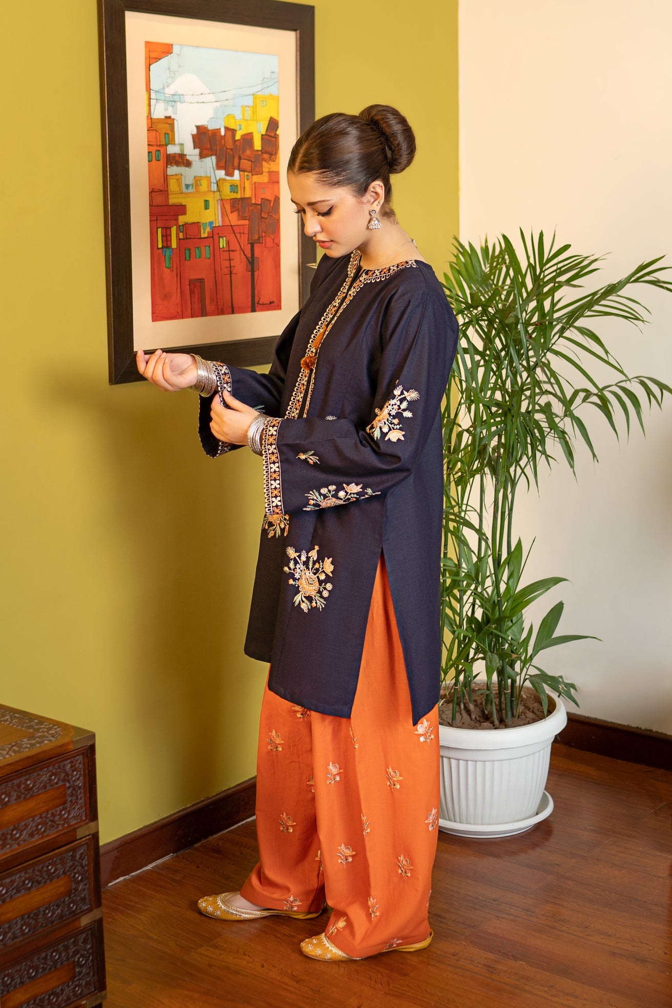 slub khaddar Kurta Set in Sunset orange, aegean blue