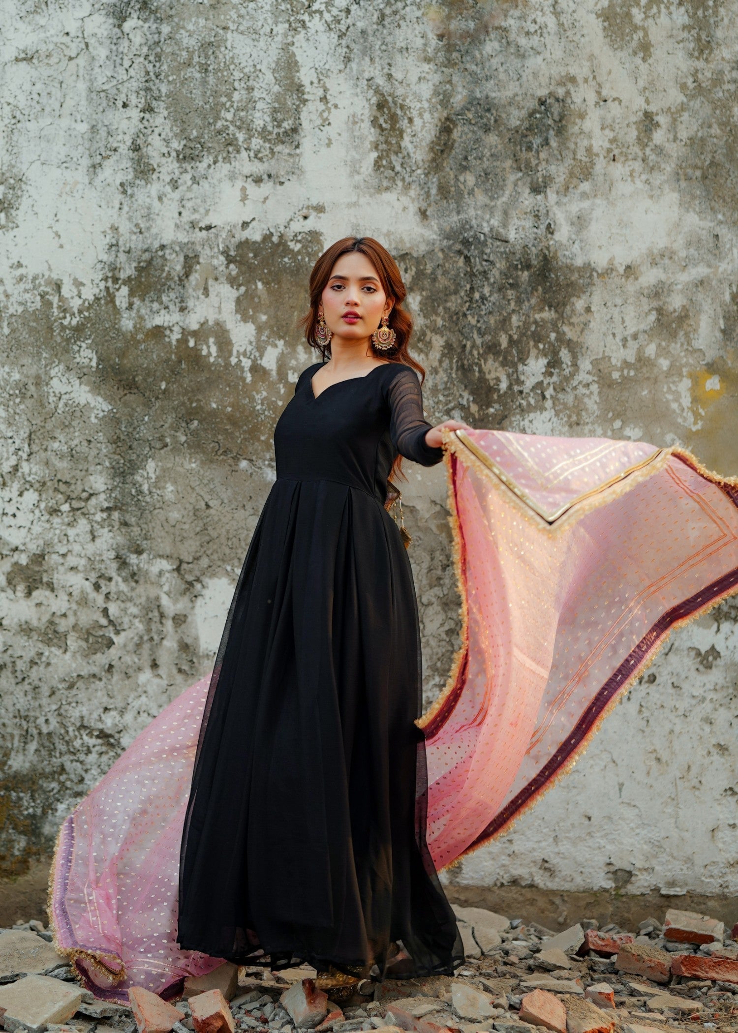 bemberg crinkle chiffon Anarkali in Jet black