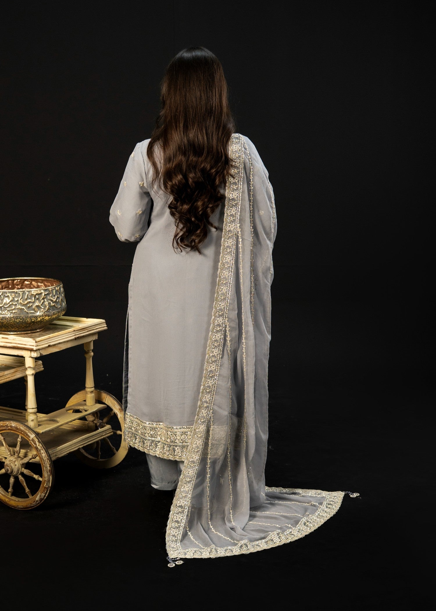 crinkle chiffon Kurta Set in Grey