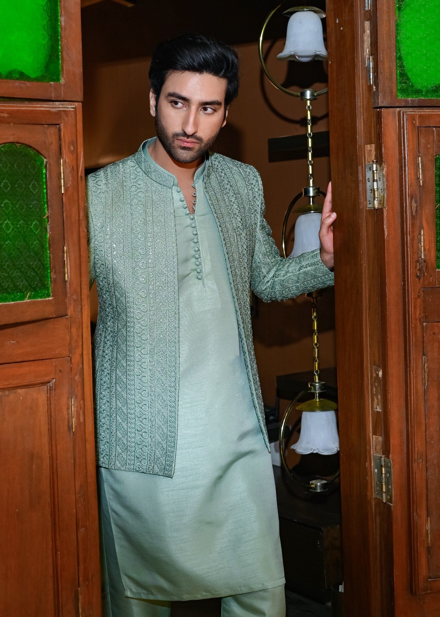 raw silk Prince Coat in Mint green