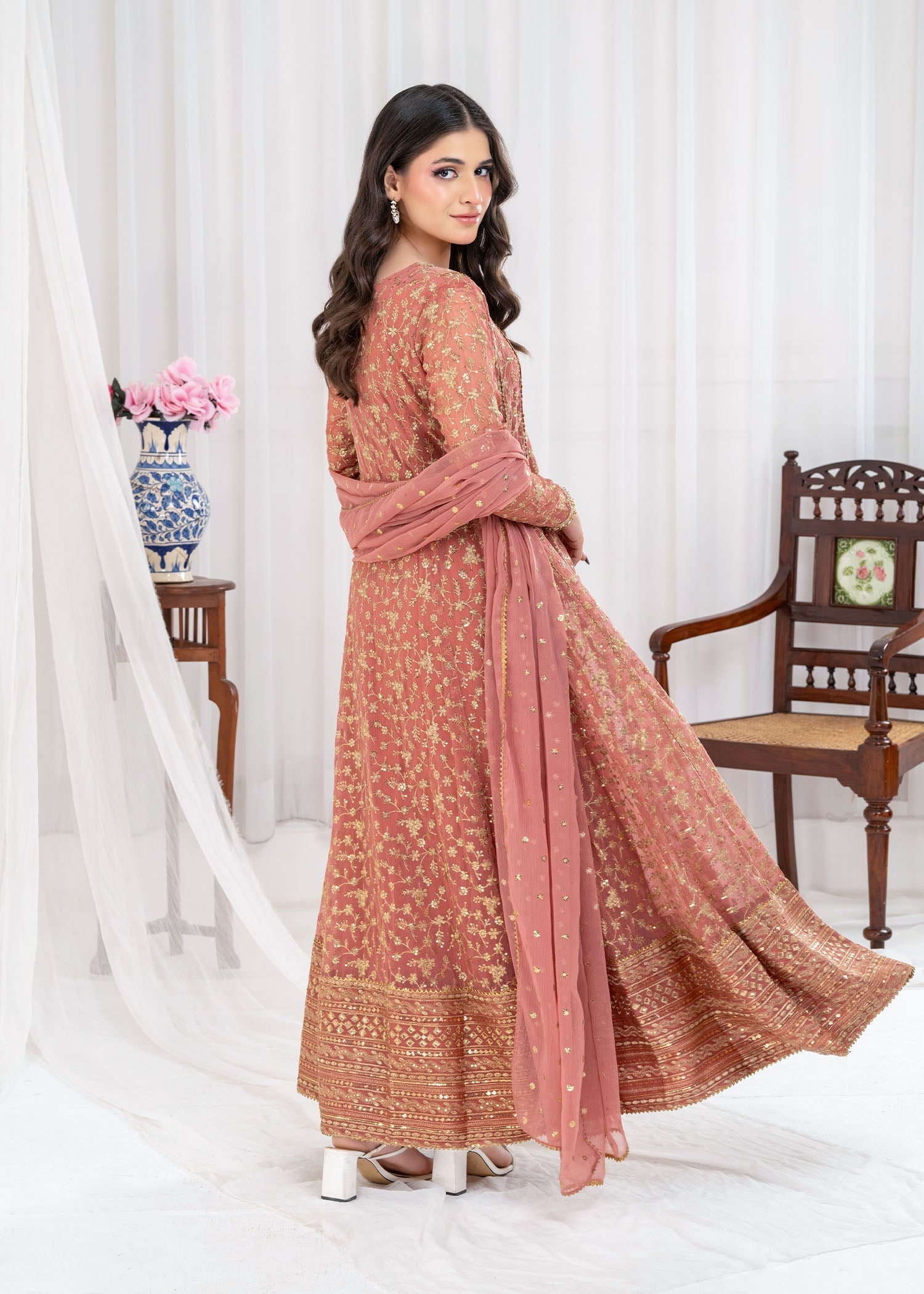 chiffon Pishwas in Coral pink