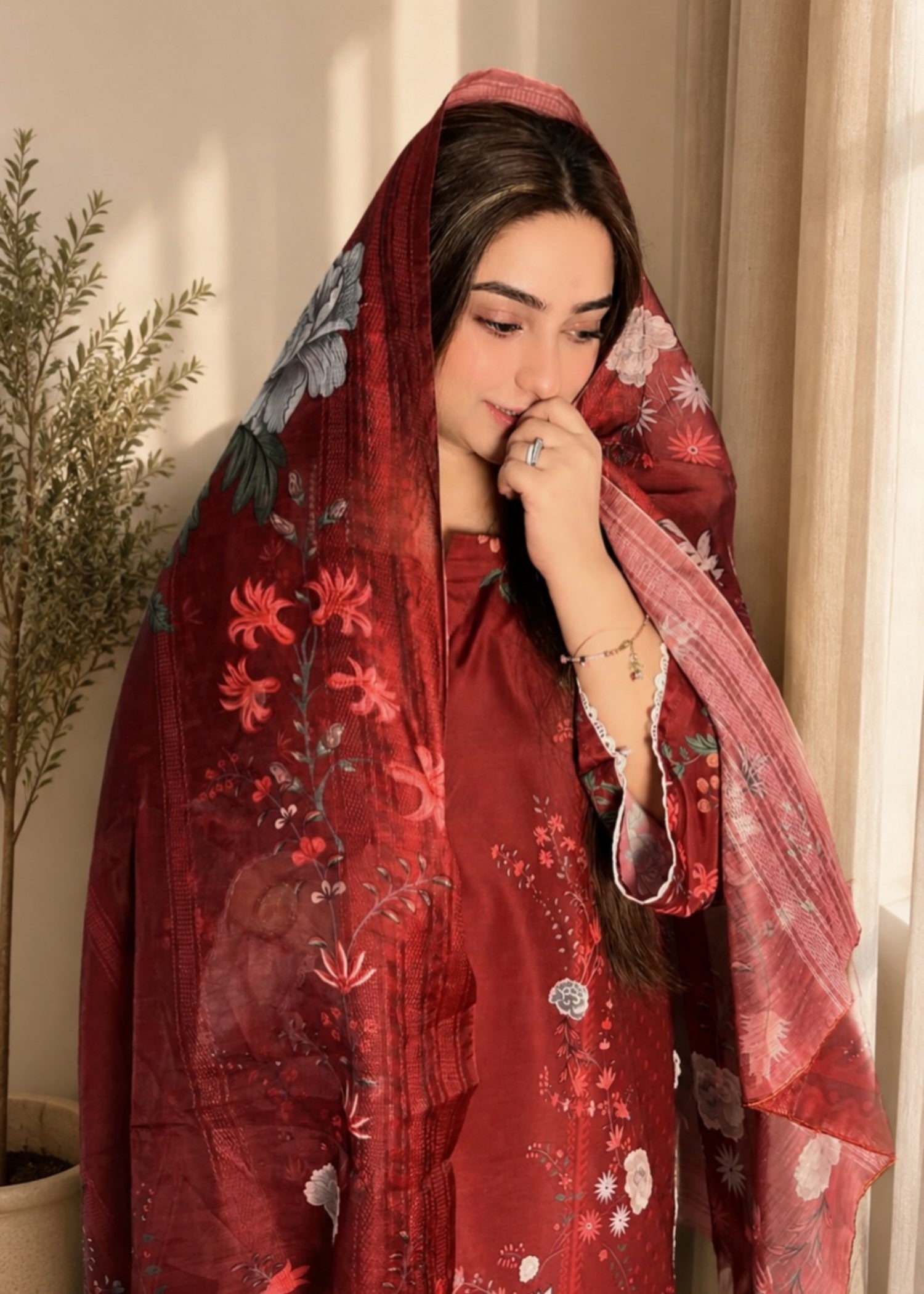poly lawn Co Ord Sets in Blood red, multi